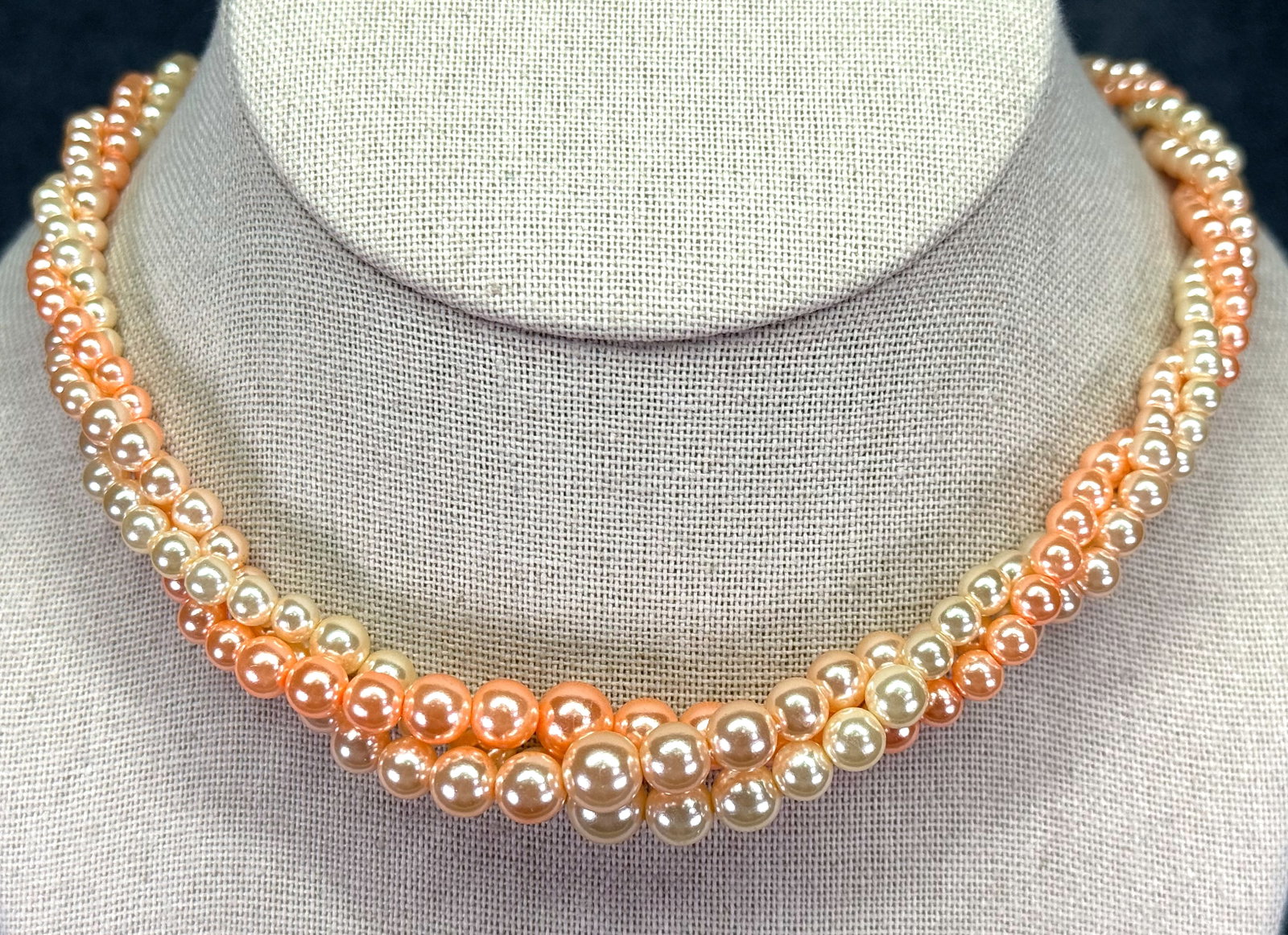 Vintage Peach & Orangine Torsade Pearl Necklace. *f: Vintage Triple Strand Twisted Pearly beads Necklace – Peach & Orangine Torsade. Unmarked. For measures please refer to the pictures taken with a measuring tape. Weight: 20 Grams. IN HOUSE FLAT SHIPP