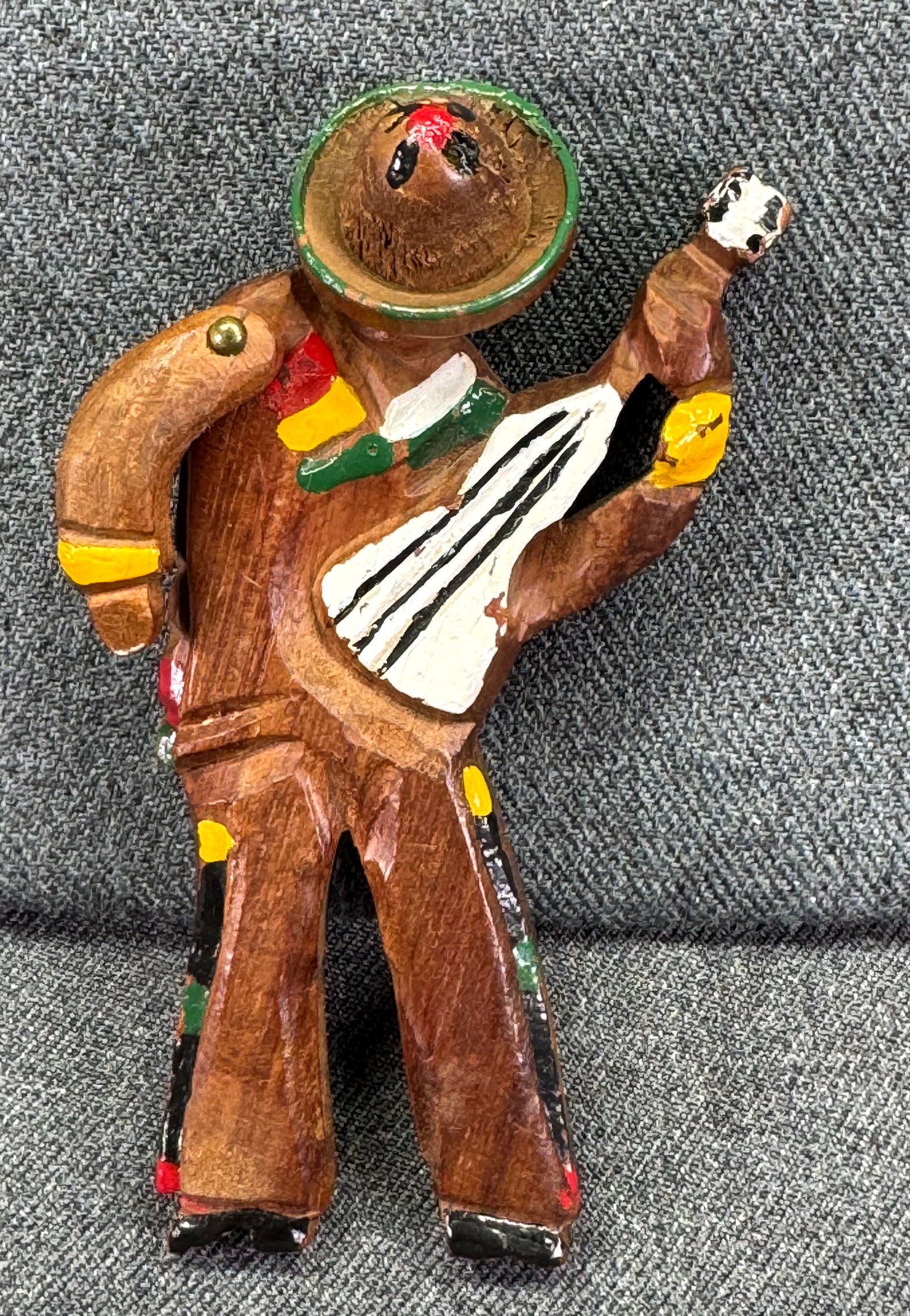 Vintage articulated arm playing guitar sombrero mariachi large brooch pin. Painted & carved wood: IN HOUSE FLAT SHIPPING & HANDLING COST WITHIN ALL THE U.S. : 7 To bypass LiveShipping, and use our In-House shipping service for 7 or shipping combined for multiple lots, please select “Arrange Your