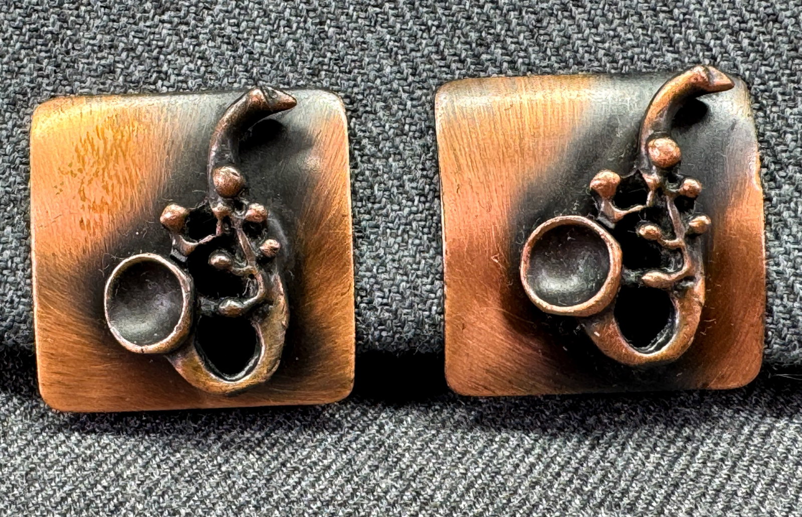 Vintage MCM saxophone copper clip on earrings: IN HOUSE FLAT SHIPPING & HANDLING COST WITHIN ALL THE U.S. : $7 To bypass LiveShipping, and use our In-House shipping service for $7 or shipping combined for multiple lots, please select “Arrange Yo