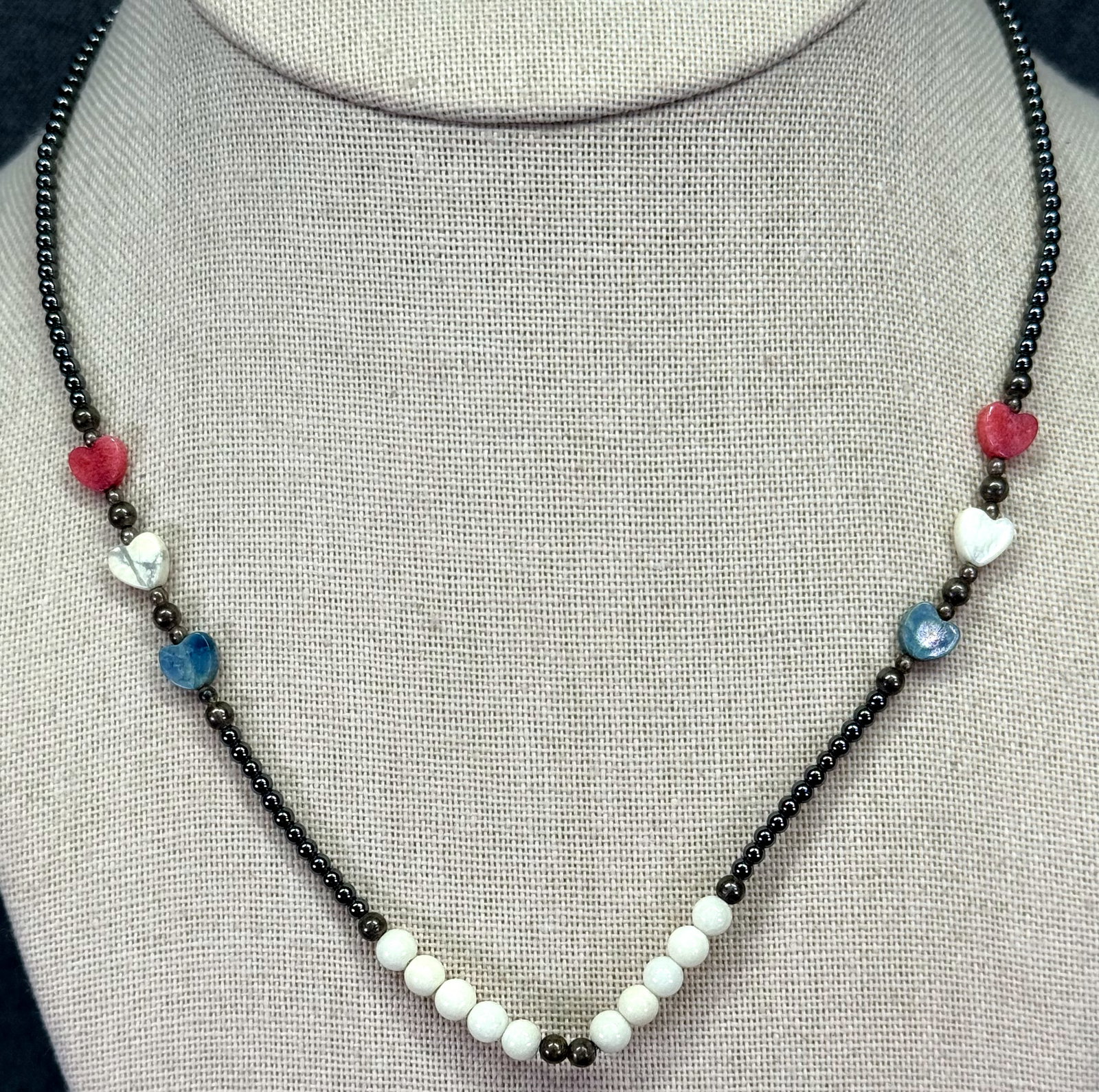 Vintage Southwestern Style stone hearts, sterling & hematite beaded choker necklace (1 of 5)