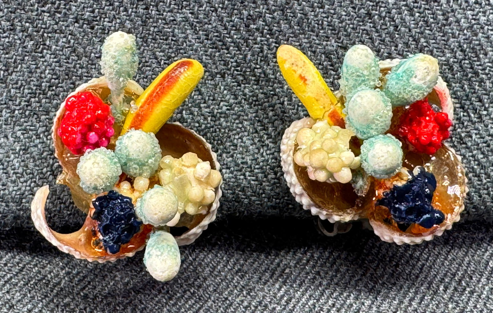 Vintage Carmen Miranda style fruit salad real shells setting clip earrings. V: IN HOUSE FLAT SHIPPING & HANDLING COST WITHIN ALL THE U.S. : 7 To bypass LiveShipping, and use our In-House shipping service for 7 or shipping combined for multiple lots, please select “Arrange Your