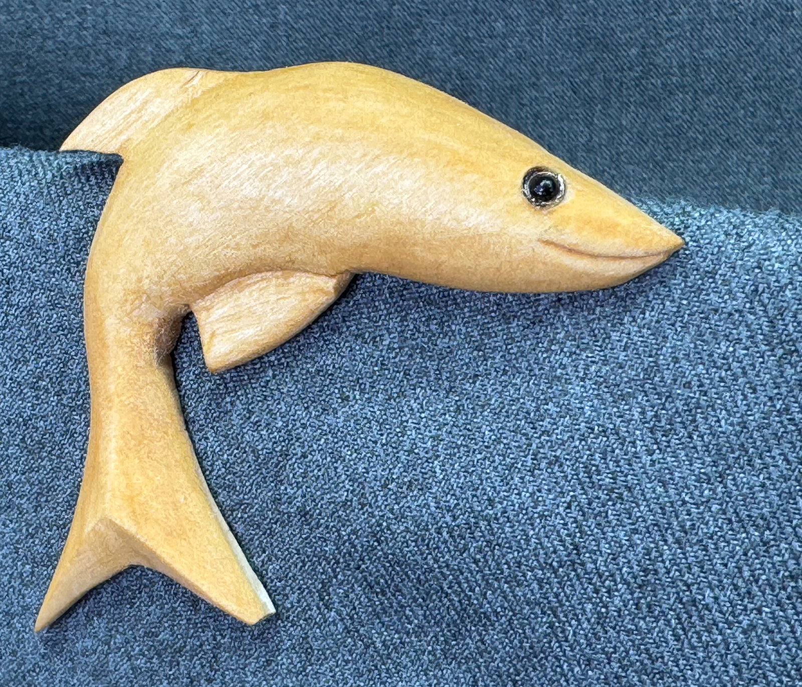 Vintage artsy black bead eye carved wood fish brooch pin. Marked NCW (1 of 6)