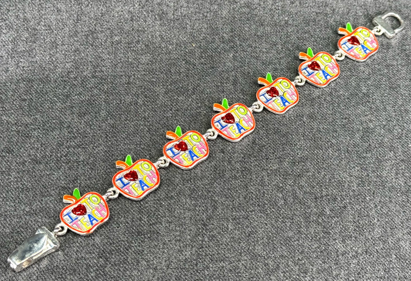 I Love to teach enamel silvertone metal bracelet.: IN HOUSE FLAT SHIPPING & HANDLING COST WITHIN ALL THE U.S. : 7 To bypass LiveShipping, and use our In-House shipping service for 7 or shipping combined for multiple lots, please select “Arrange