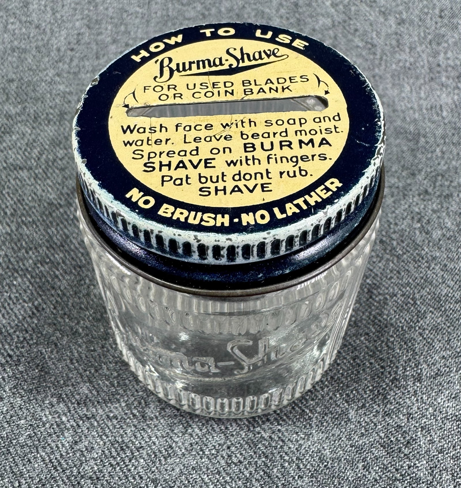 Vintage Burma Shave used razor piggy bank glass lidded jar: IN HOUSE FLAT SHIPPING & HANDLING COST WITHIN ALL THE U.S. : 7 To bypass LiveShipping, and use our In-House shipping service for 7 or shipping combined for multiple lots, please select “Arrange Your
