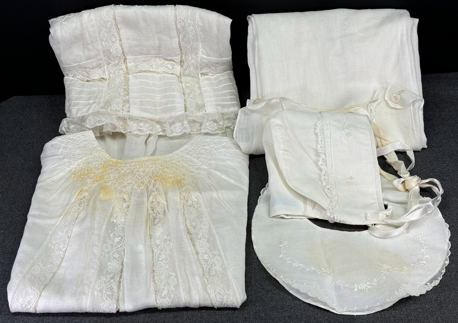 Vintage Baby Christening Baptism lace dress, slip, Marshall Fields Madeira bonnet & N Krauskopf bib: IN HOUSE FLAT SHIPPING & HANDLING COST WITHIN ALL THE U.S. : 8 To bypass LiveShipping, and use our In-House shipping service for 8 or shipping combined for multiple lots, please select “Arrange Your