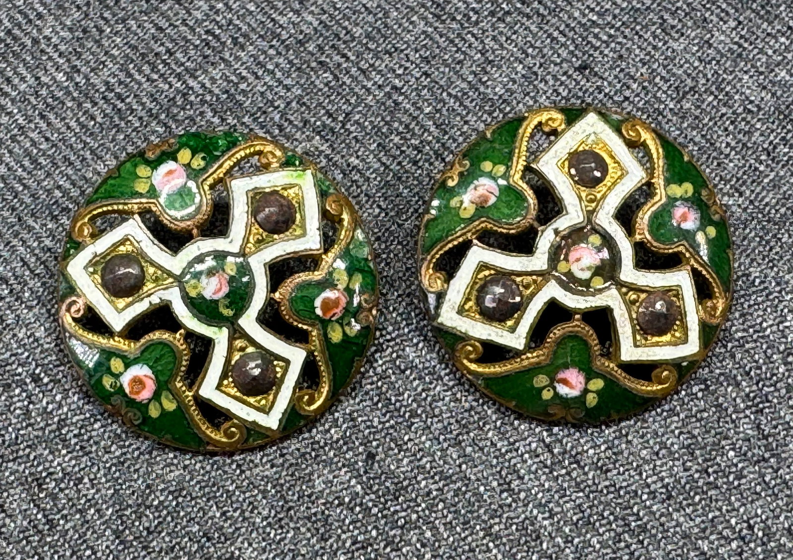 Pair Antique Victorian Champleve Enamel Cut Steel Floral Buttons. *h (1 of 5)