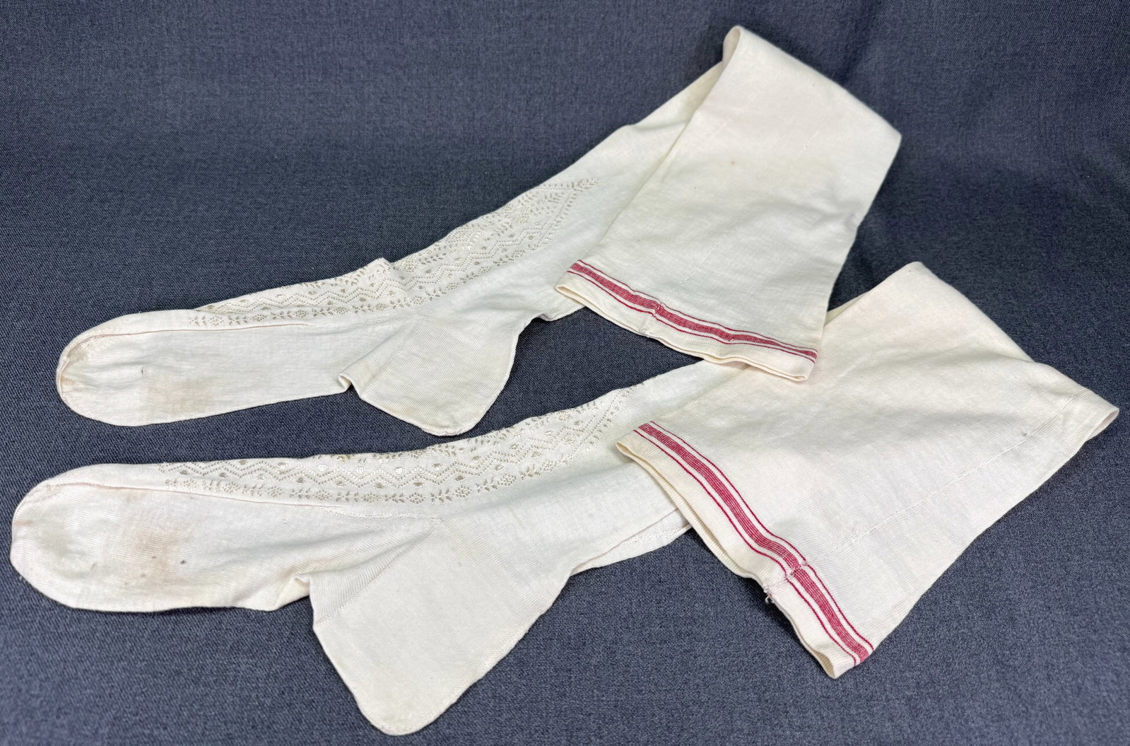 Antique Edwardian Embroidery Stockings w/ red trim: IN HOUSE FLAT SHIPPING & HANDLING COST WITHIN ALL THE U.S. : $7 To bypass LiveShipping, and use our In-House shipping service for $7 or shipping combined for multiple lots, please select “Arrang