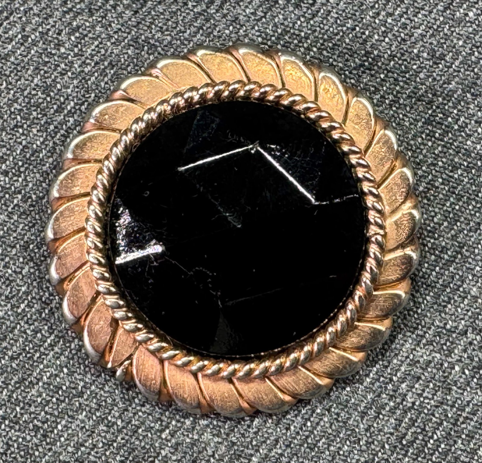Vintage 40s faceted black glass goldtone metal setting flower button: IN HOUSE FLAT SHIPPING & HANDLING COST WITHIN ALL THE U.S. : $7 To bypass LiveShipping, and use our In-House shipping service for $7 or shipping combined for multiple lots, please select “Arrang