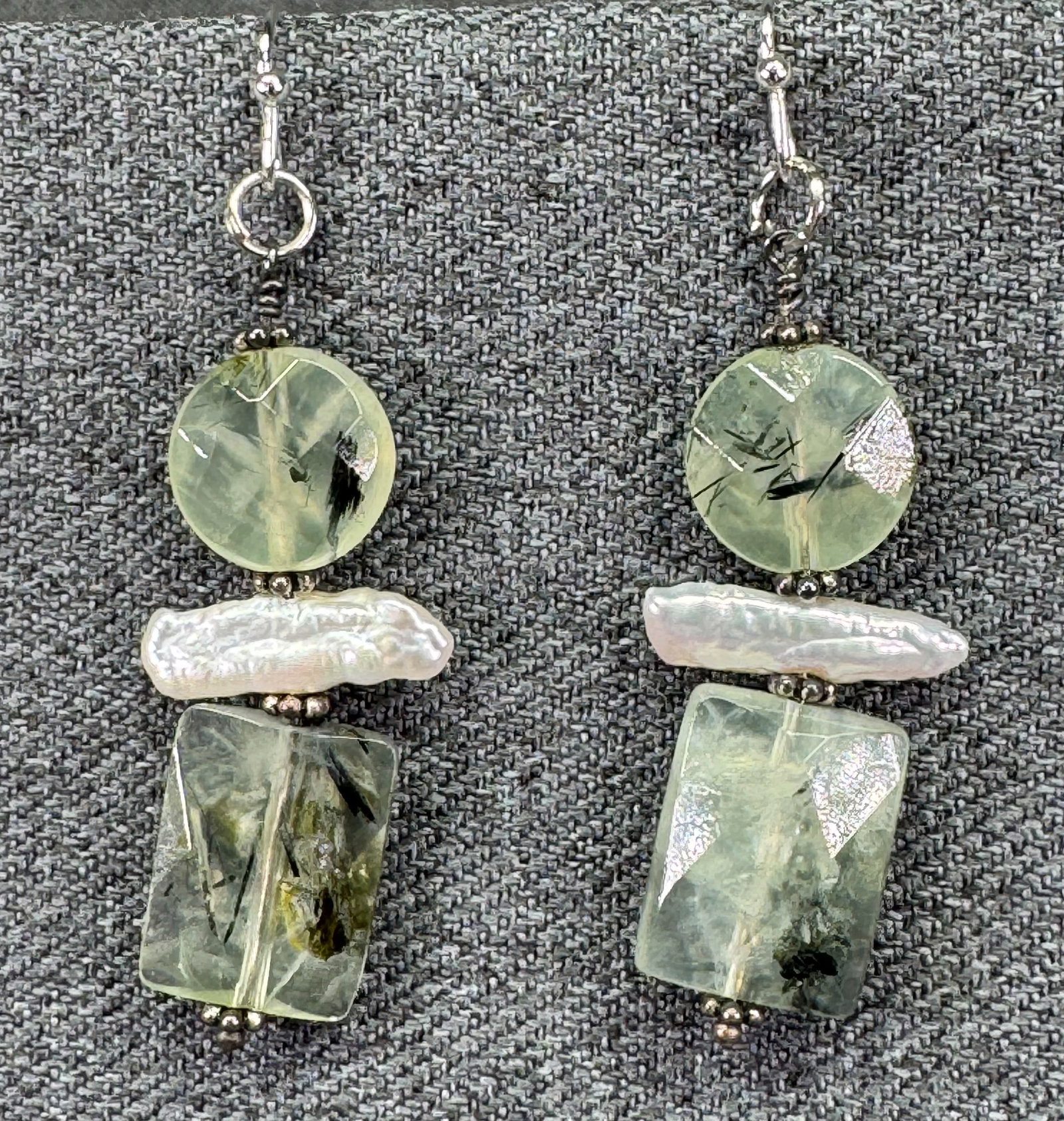 Artisan Prehnite & Biwa Stick Pearl Silver-toned Dangle Hook Earrings. *i (1 of 5)