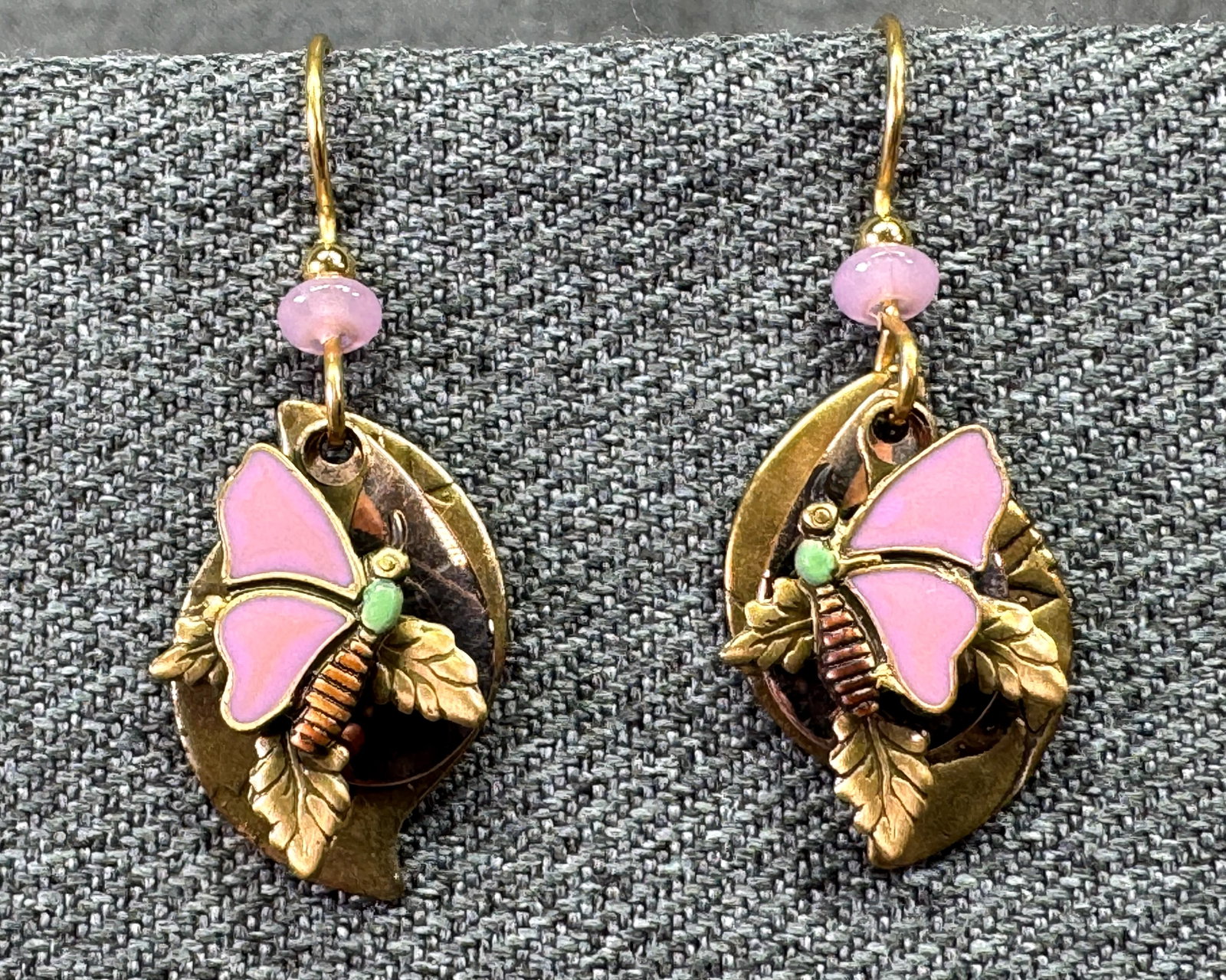 Silver Forest Retired Layered Butterfly Dangle Earrings. Pink Enamel Gold Brass. *i (1 of 5)
