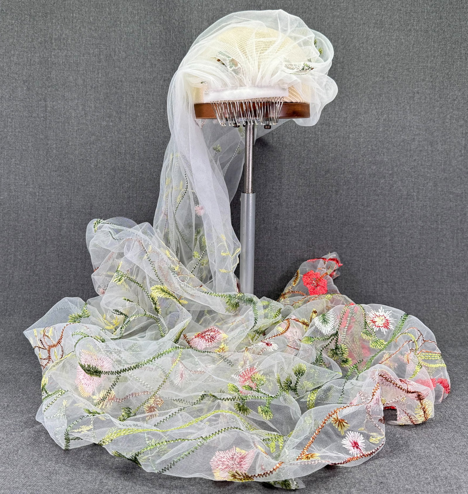 Colorful Floral Embroidered Bridal Wedding Veil . *i: Colorful Floral Embroidered Bridal Wedding Veil. It measures around 55 inches long not considering the comb and 30 inches wide on the bottom. Cut edge. IN HOUSE FLAT SHIPPING & HANDLING COST WITHIN AL
