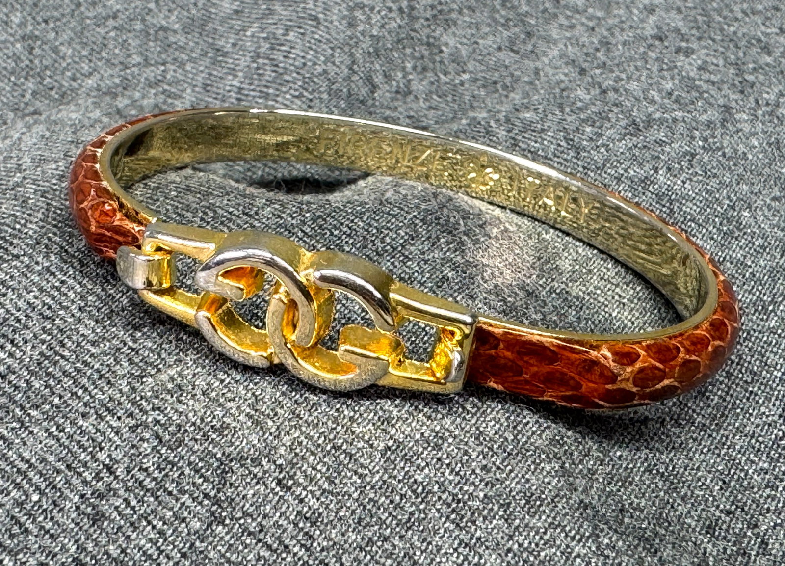 Vintage 1970s Florence Italy Snakeskin Hinged Bracelet Bangle. Gold-tone, Brown. *i (1 of 10)