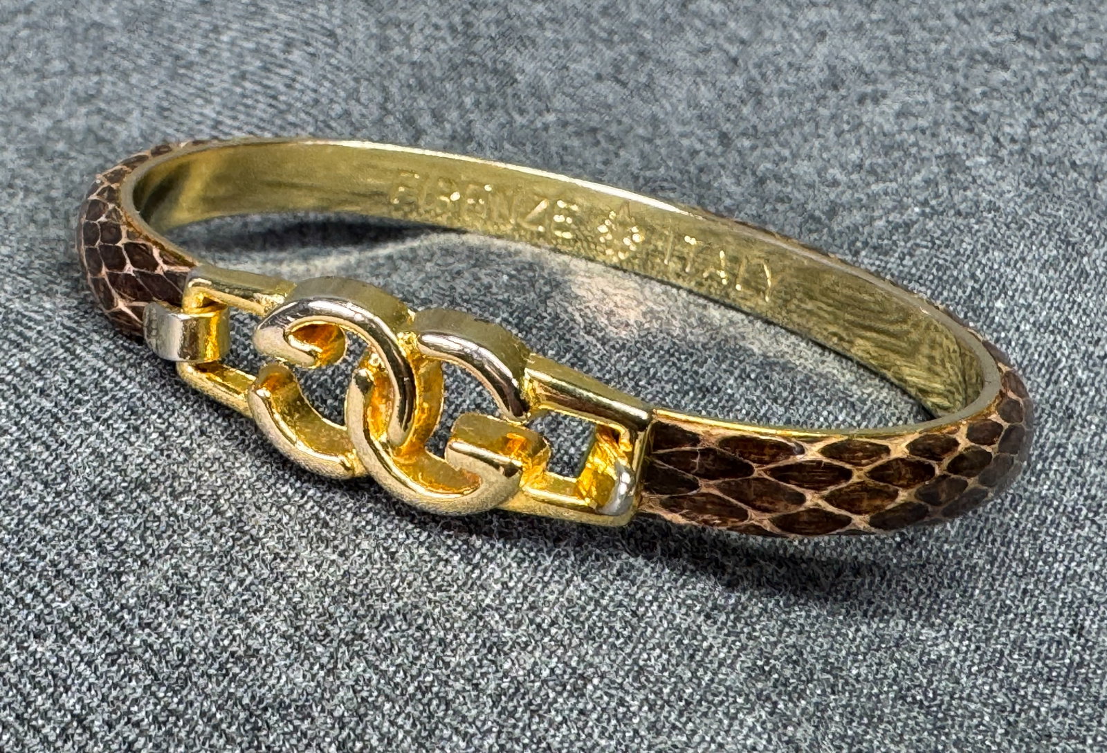 Vintage 1970s Florence Italy Snakeskin Hinged Bracelet Bangle. Gold-tone, Dark Brown. *i (1 of 10)