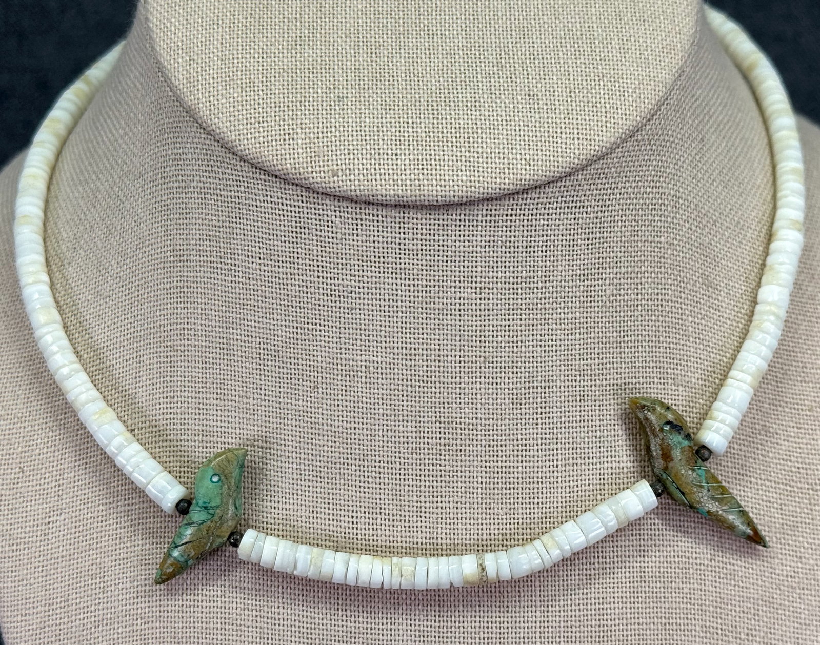 Vintage Native American Stabilized Turquoise Bird Fetish & White Shell Heishi Necklace. *i (1 of 6)