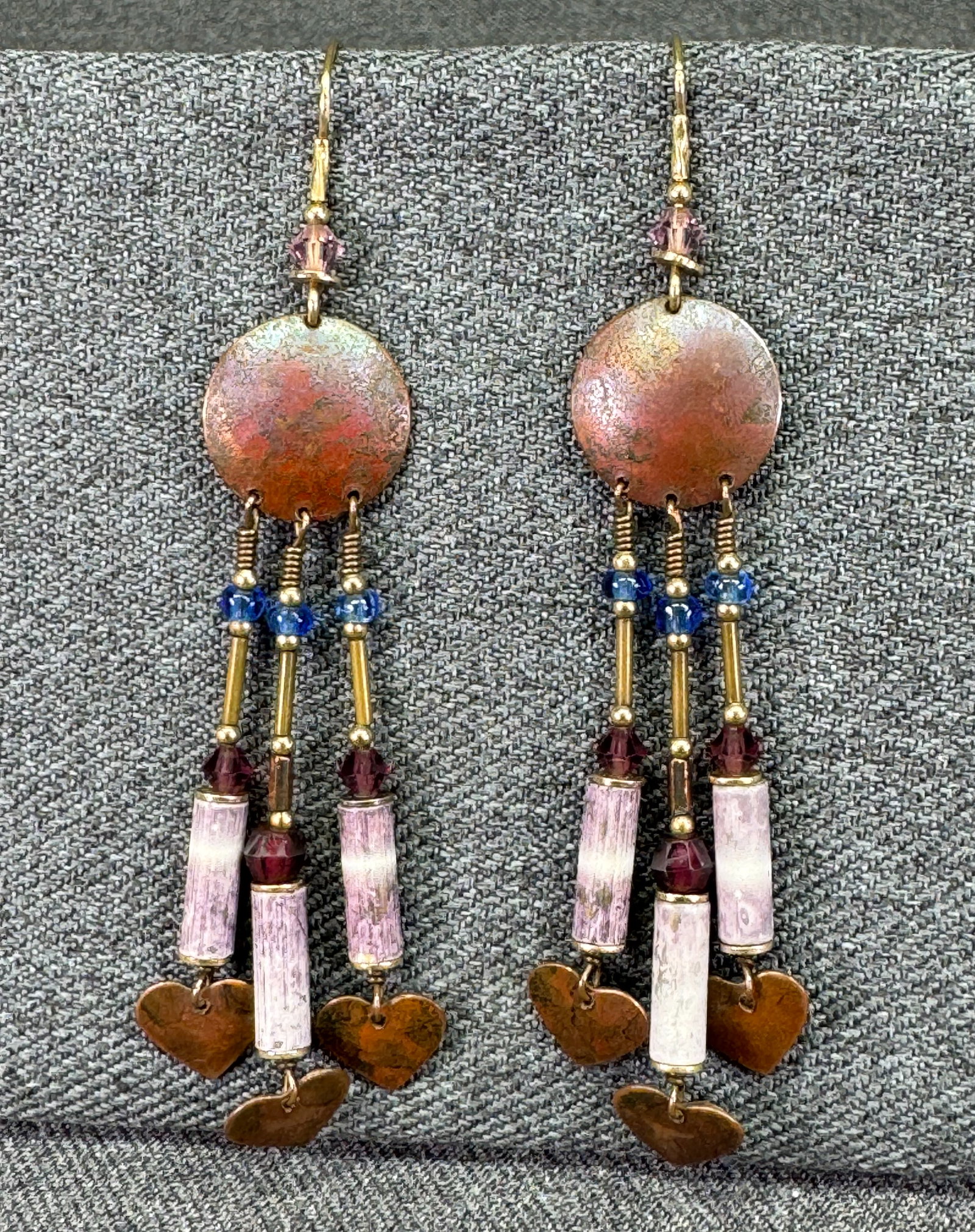 Vintage Handcrafted Boho Chandelier Hook Earrings. Heart Charms. Copper, Beads. *i (1 of 5)
