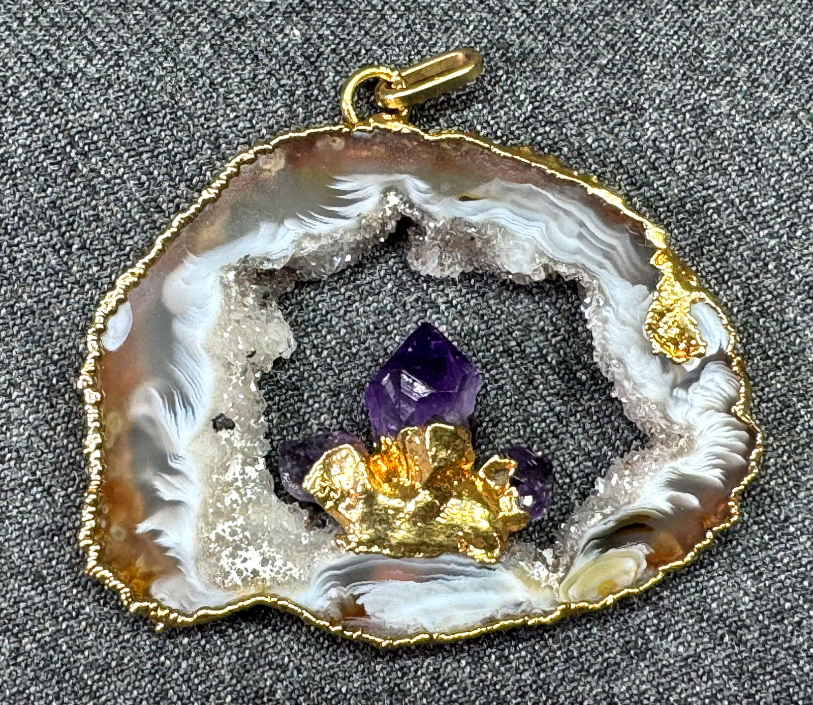 Vintage Natural Agate Geode Slice Pendant with Inlaid Amethyst Crystal & Gold Trim. *i (1 of 6)