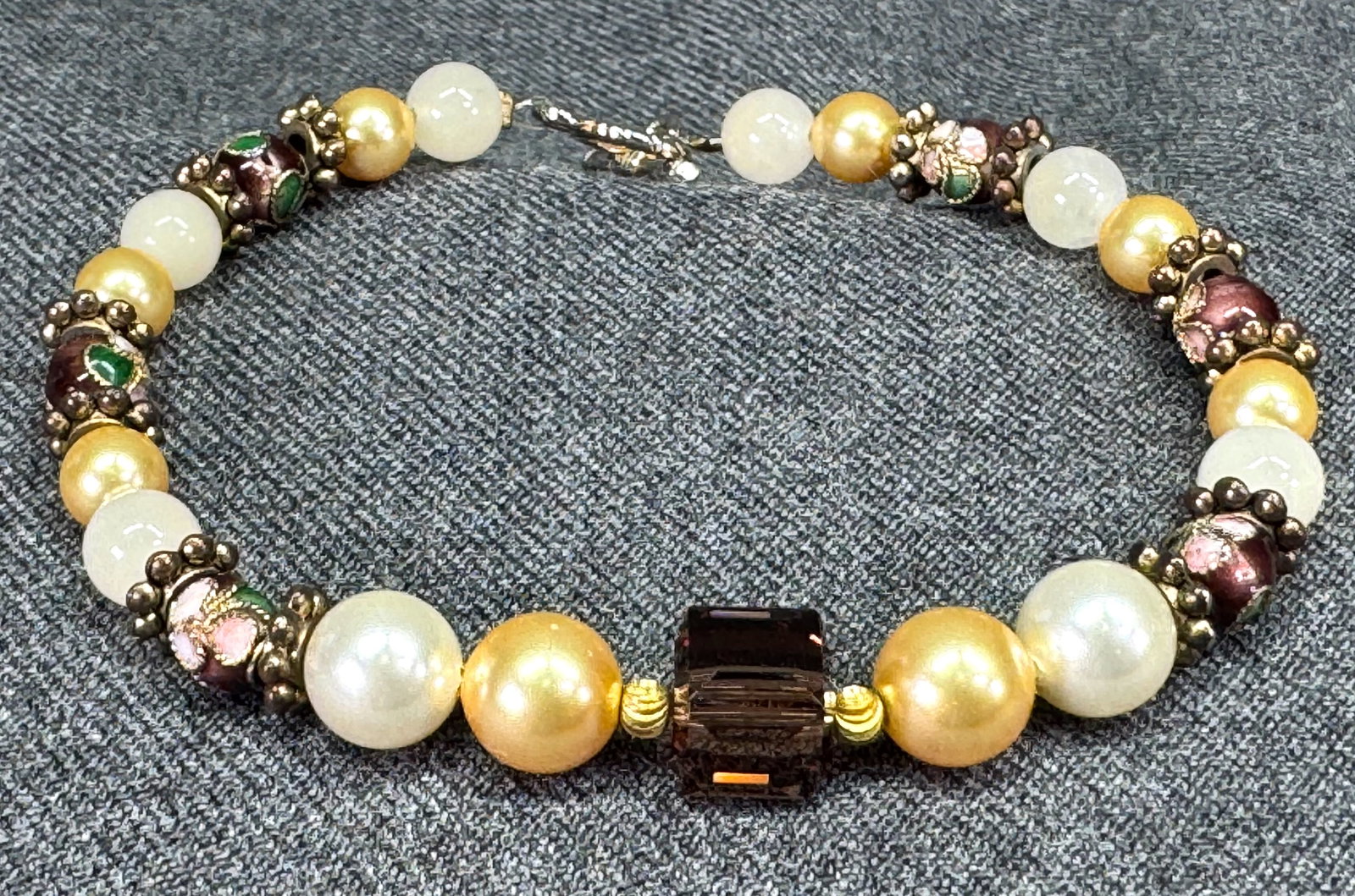 Vintage Handmade Earthy Beaded Bracelet. Cloisonné, pearls, crystal & stone beads. *f (1 of 10)