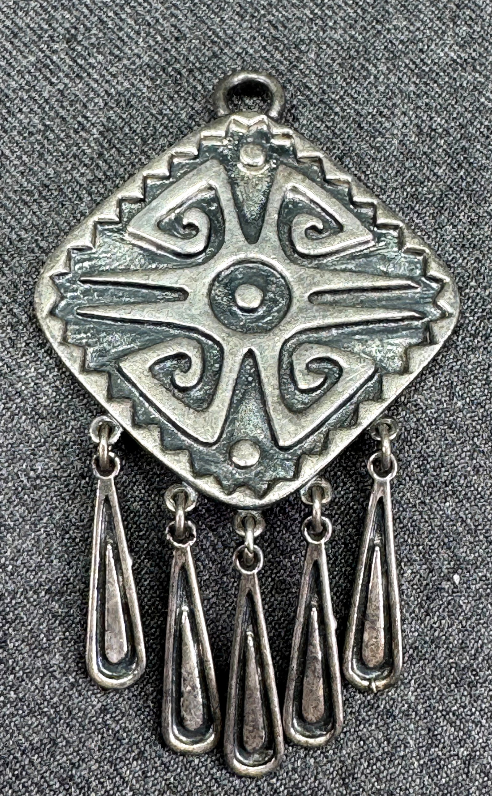 Vintage MCM modernist pewter pendant with dangles: IN HOUSE FLAT SHIPPING & HANDLING COST WITHIN ALL THE U.S. : 7 To bypass LiveShipping, and use our In-House shipping service for 7 or shipping combined for multiple lots, please select “Arrange 
