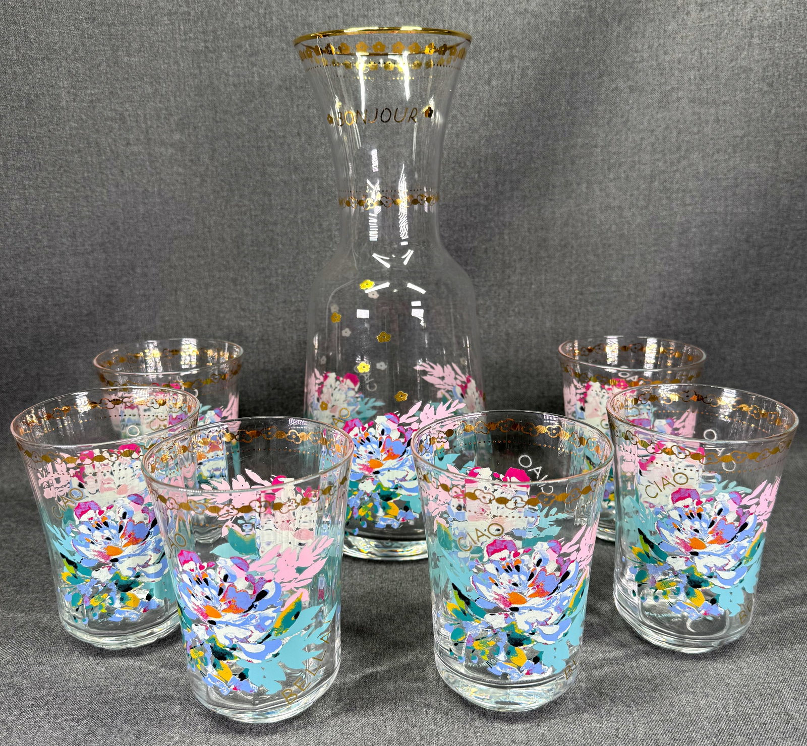 Anthropologie gilded journey floral Ciao Bella Bonjour Carafe & 6 glasses. Unused: IN HOUSE FLAT SHIPPING & HANDLING COST WITHIN ALL THE U.S. : 29 To bypass LiveShipping, and use our In-House shipping service for 29 or shipping combined for multiple lots, please select