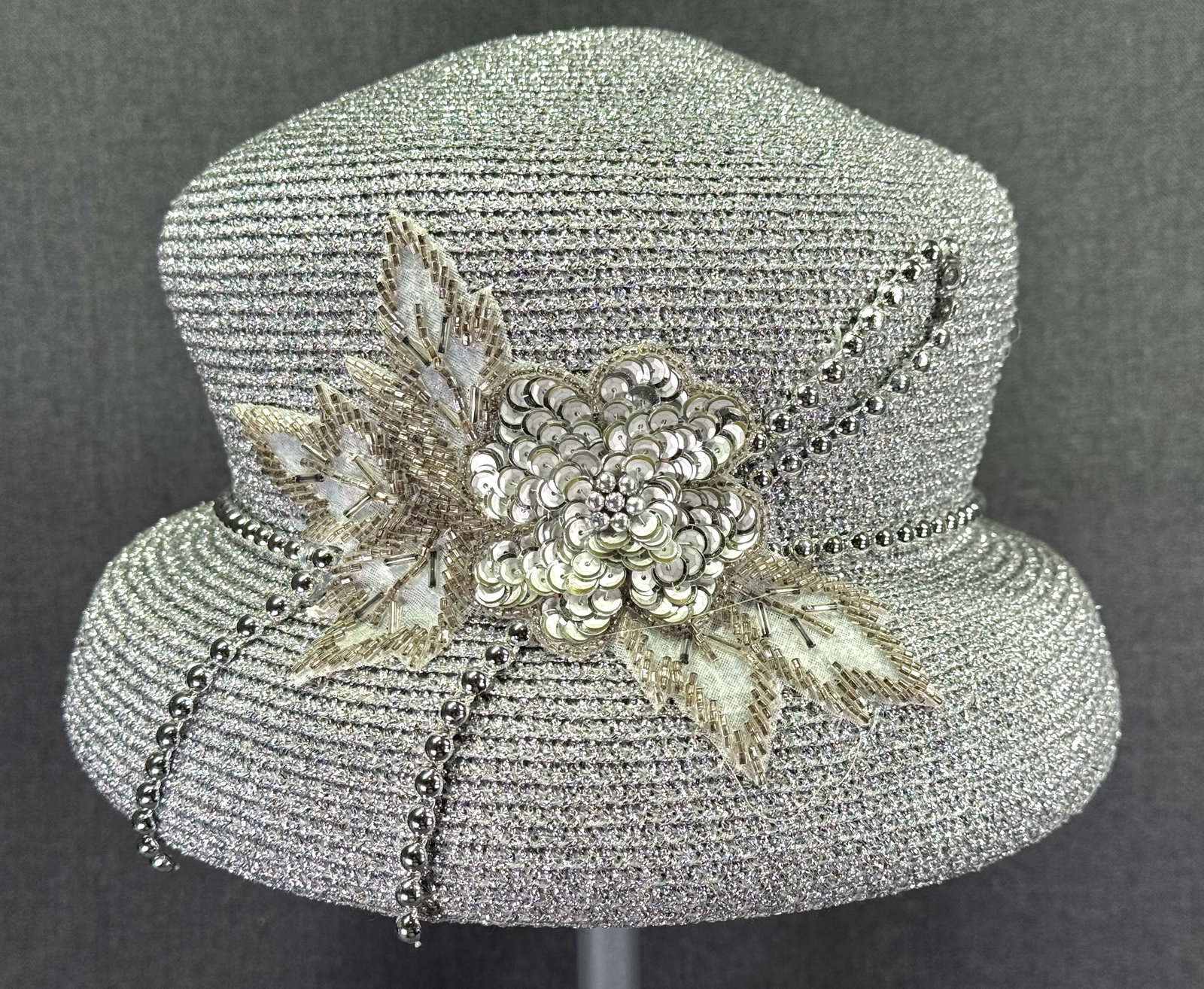 Vintage embroidery & beaded flower applique silver brim hat: IN HOUSE FLAT SHIPPING & HANDLING COST WITHIN ALL THE U.S. : 10 To bypass LiveShipping, and use our In-House shipping service for 10 or shipping combined for multiple lots, please select “Arrang