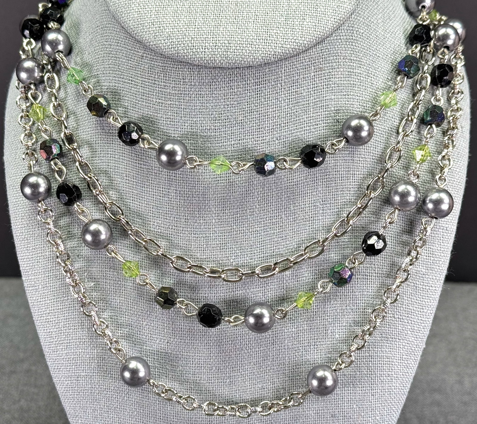 Gray perly, faceted AB, black & green beads silvertone chain 4 strand necklace: IN HOUSE FLAT SHIPPING & HANDLING COST WITHIN ALL THE U.S. : 7 To bypass LiveShipping, and use our In-House shipping service for 7 or shipping combined for multiple lots, please select “Arrange 