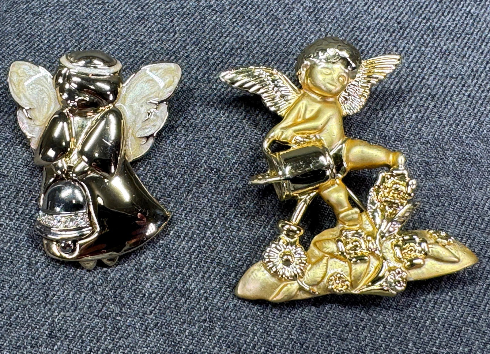 Vintage goldtone AJC Angel watering & unbranded jeweled enamel angel with bell pin brooches: IN HOUSE FLAT SHIPPING & HANDLING COST WITHIN ALL THE U.S. : 7 To bypass LiveShipping, and use our In-House shipping service for 7 or shipping combined for multiple lots, please select “Arrange 