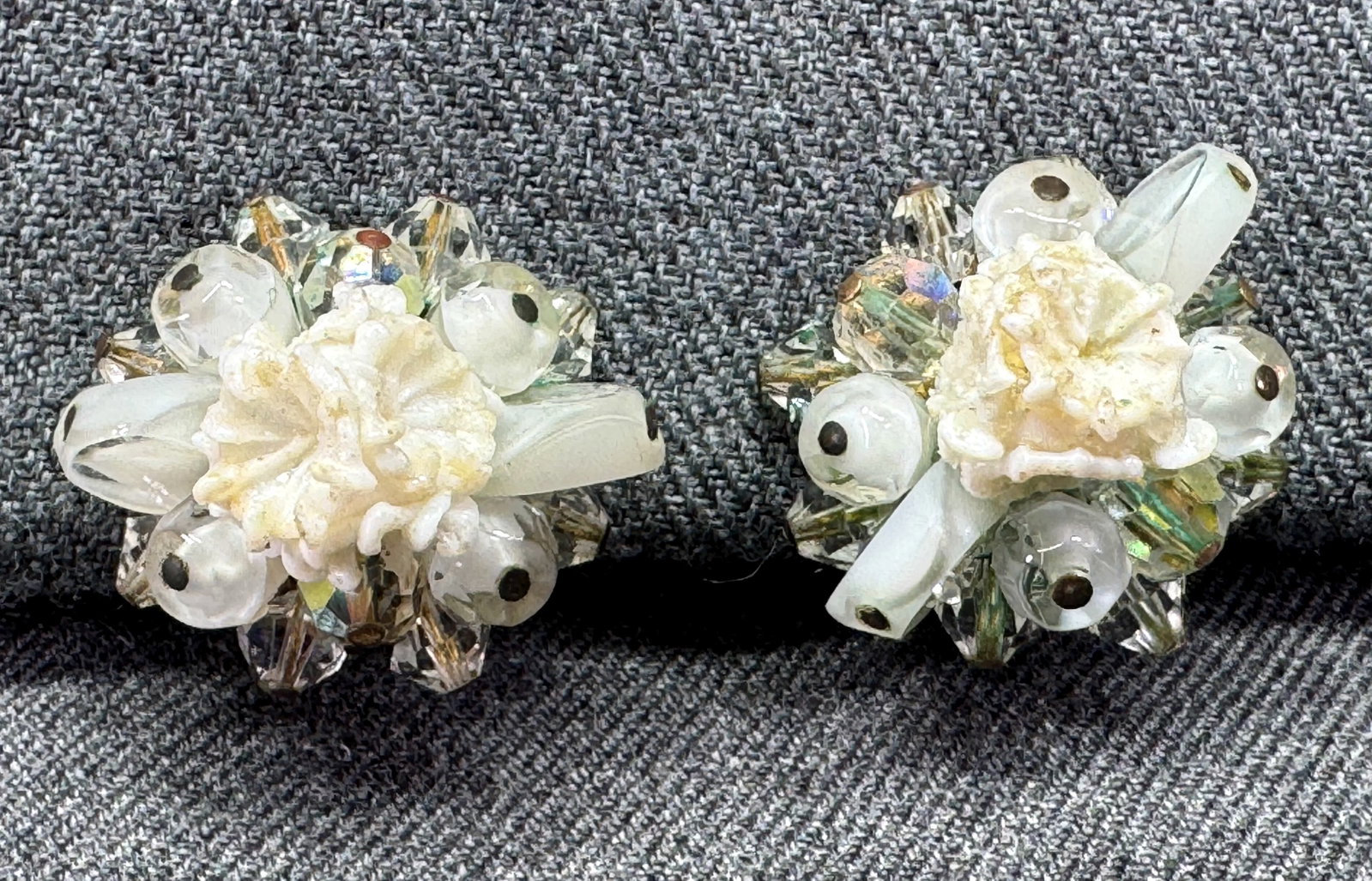 Vintage Haskell Style whitish plastic flowers & glass beaded clip earrings: IN HOUSE FLAT SHIPPING & HANDLING COST WITHIN ALL THE U.S. : $7 To bypass LiveShipping, and use our In-House shipping service for $7 or shipping combined for multiple lots, please select “Arrang