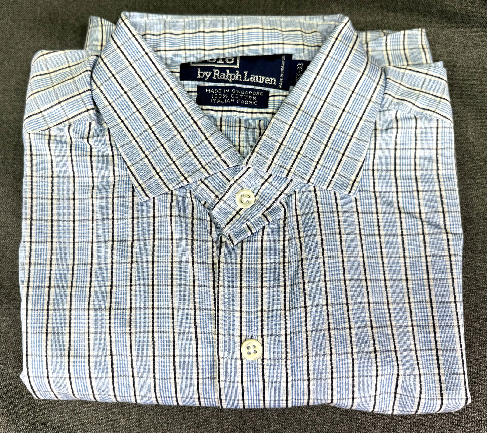 Vintage 90s Unworn Polo Ralph Lauren Men’s Dress Shirt. 100 % cotton. Size 15 1/2 -33: IN HOUSE FLAT SHIPPING & HANDLING COST WITHIN ALL THE U.S. : 9 To bypass LiveShipping, and use our In-House shipping service for 9 or shipping combined for multiple lots, please select “Arrange 