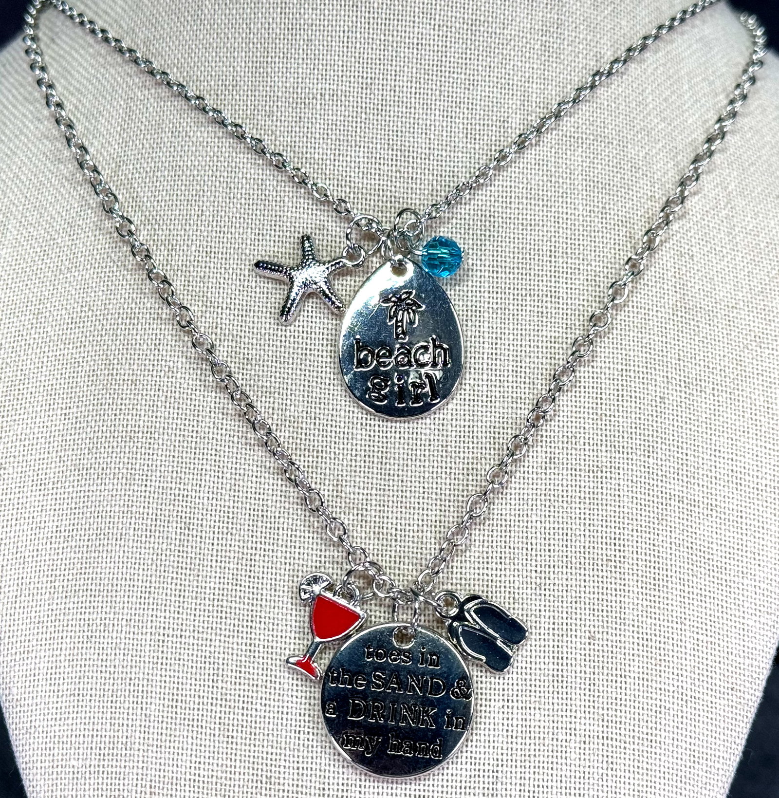 Beach Girl and Summer Time silvertone metal dangles chain strap necklaces: IN HOUSE FLAT SHIPPING & HANDLING COST WITHIN ALL THE U.S. : 7 To bypass LiveShipping, and use our In-House shipping service for 7 or shipping combined for multiple lots, please select “Arrange 