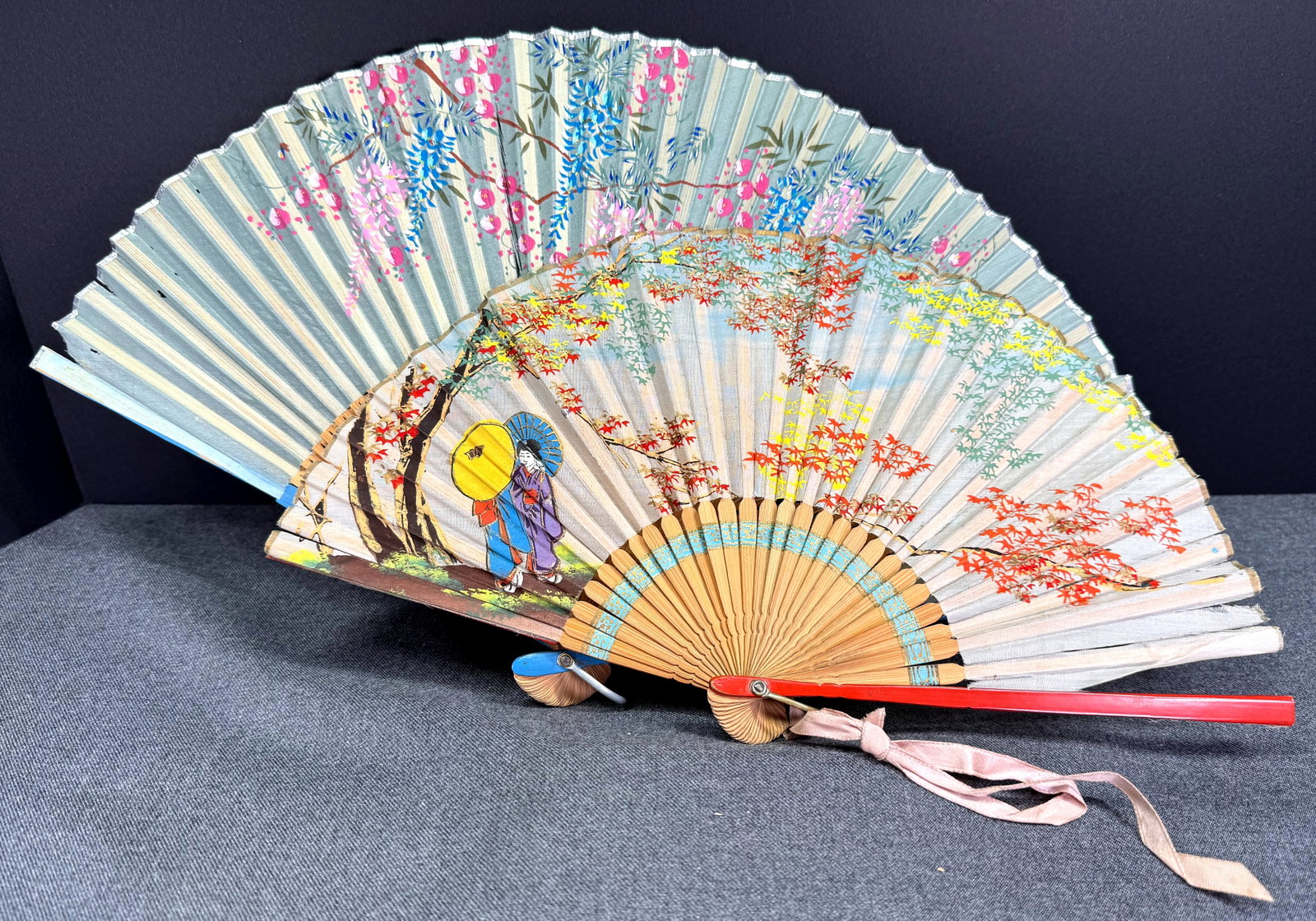 Antique painted silk & wooden mother & daughter hand fans: IN HOUSE FLAT SHIPPING & HANDLING COST WITHIN ALL THE U.S. : 7 To bypass LiveShipping, and use our In-House shipping service for 7 or shipping combined for multiple lots, please select “Arrange 