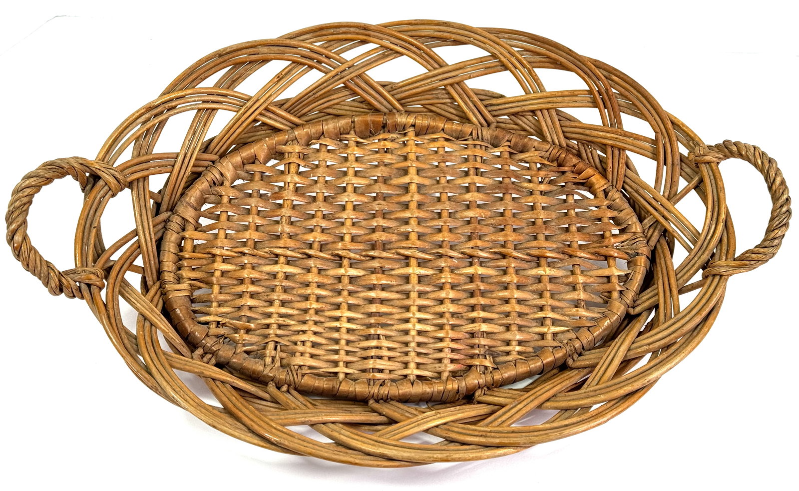 Vintage woven wicker basket large tray with handles.: IN HOUSE FLAT SHIPPING & HANDLING COST WITHIN ALL THE U.S. : 24 To bypass LiveShipping, and use our In-House shipping service for 24 or shipping combined for multiple lots, please select “Arrang