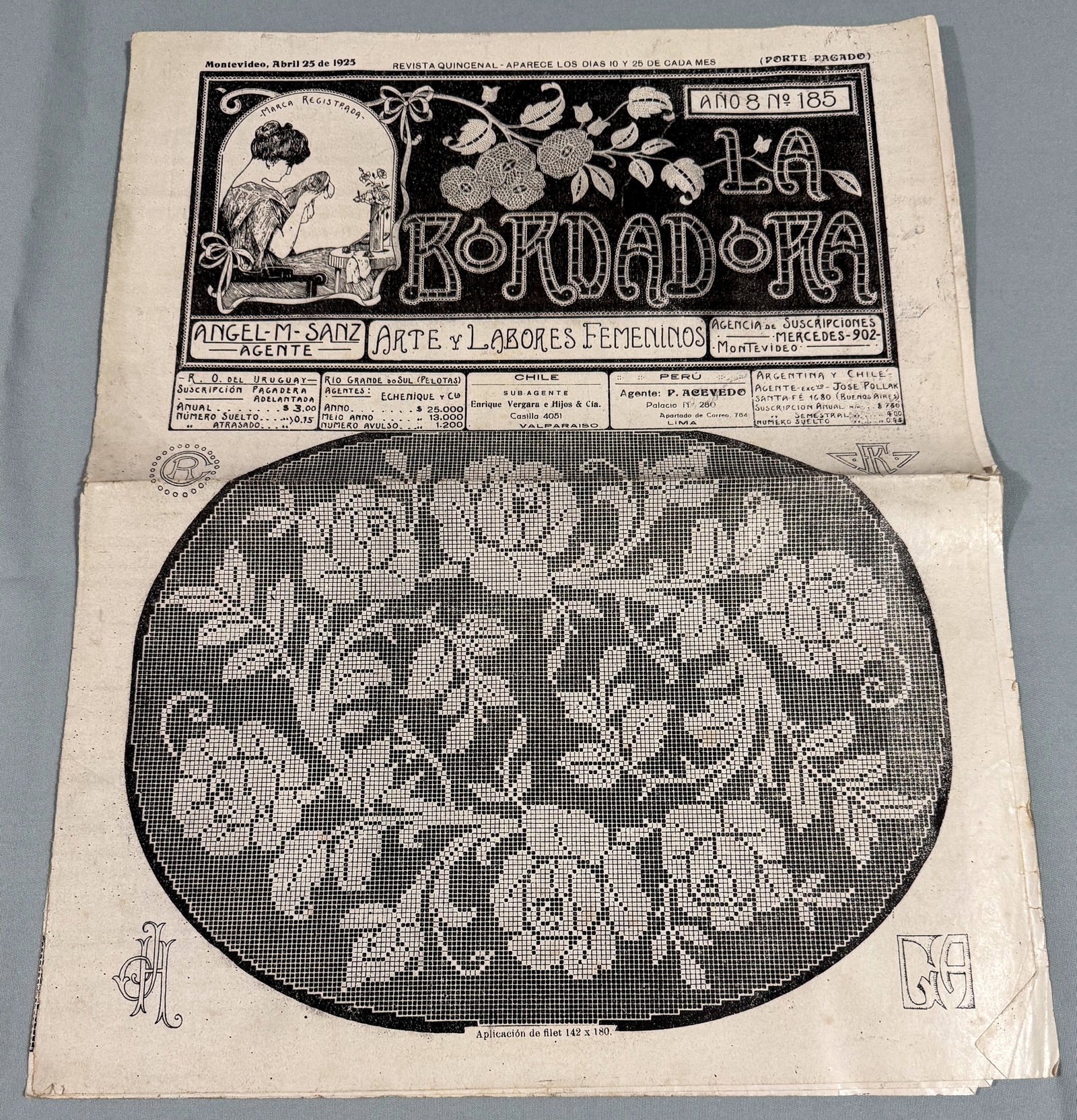 1925 "The embroiderer" embroidery and crafts patterns paper magazine. Original .: La Bordadora, ("The embroiderer" in Spanish, dated April 25, 1925,embroidery and crafts patterns paper magazine. Original. One folded sheet, it measures 28x36 inches Unfolded. IN HOUSE FLAT SHIPPING &