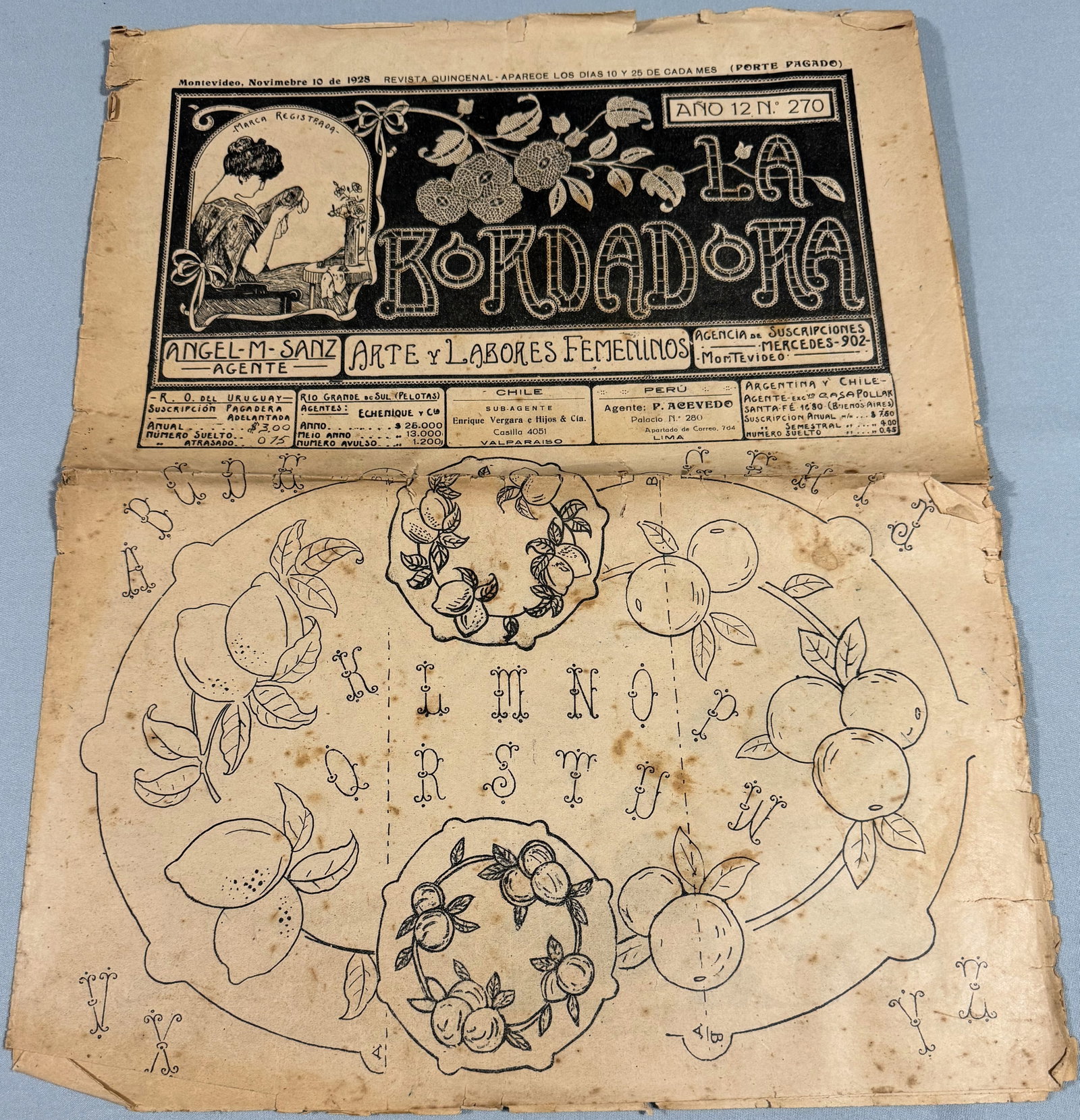 1928 "The embroiderer" embroidery and crafts patterns paper magazine. Original .: La Bordadora, ("The embroiderer" in Spanish, dated November 10, 1928,embroidery and crafts patterns paper magazine. Original. One folded sheet, it measures 28x36 inches Unfolded. IN HOUSE FLAT SHIPPIN