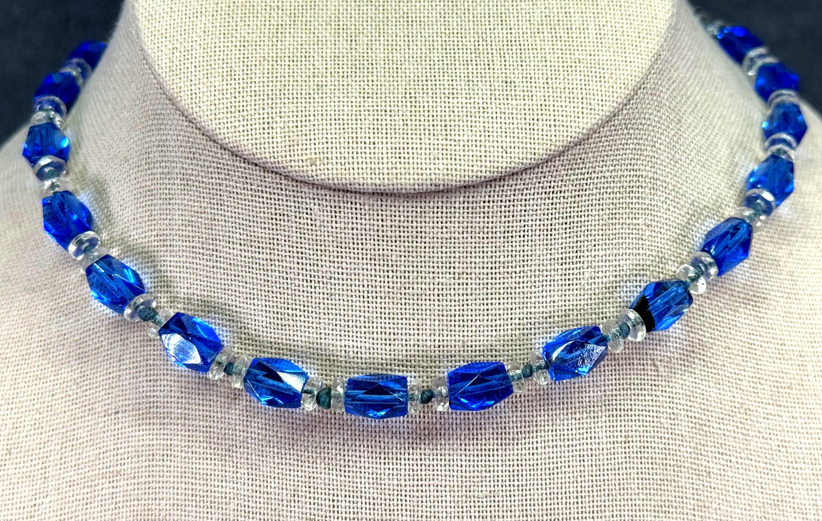 Antique Art Deco 1930s Czech Cobalt Blue & Clear Beads Crystal Necklace. *J (1 of 5)