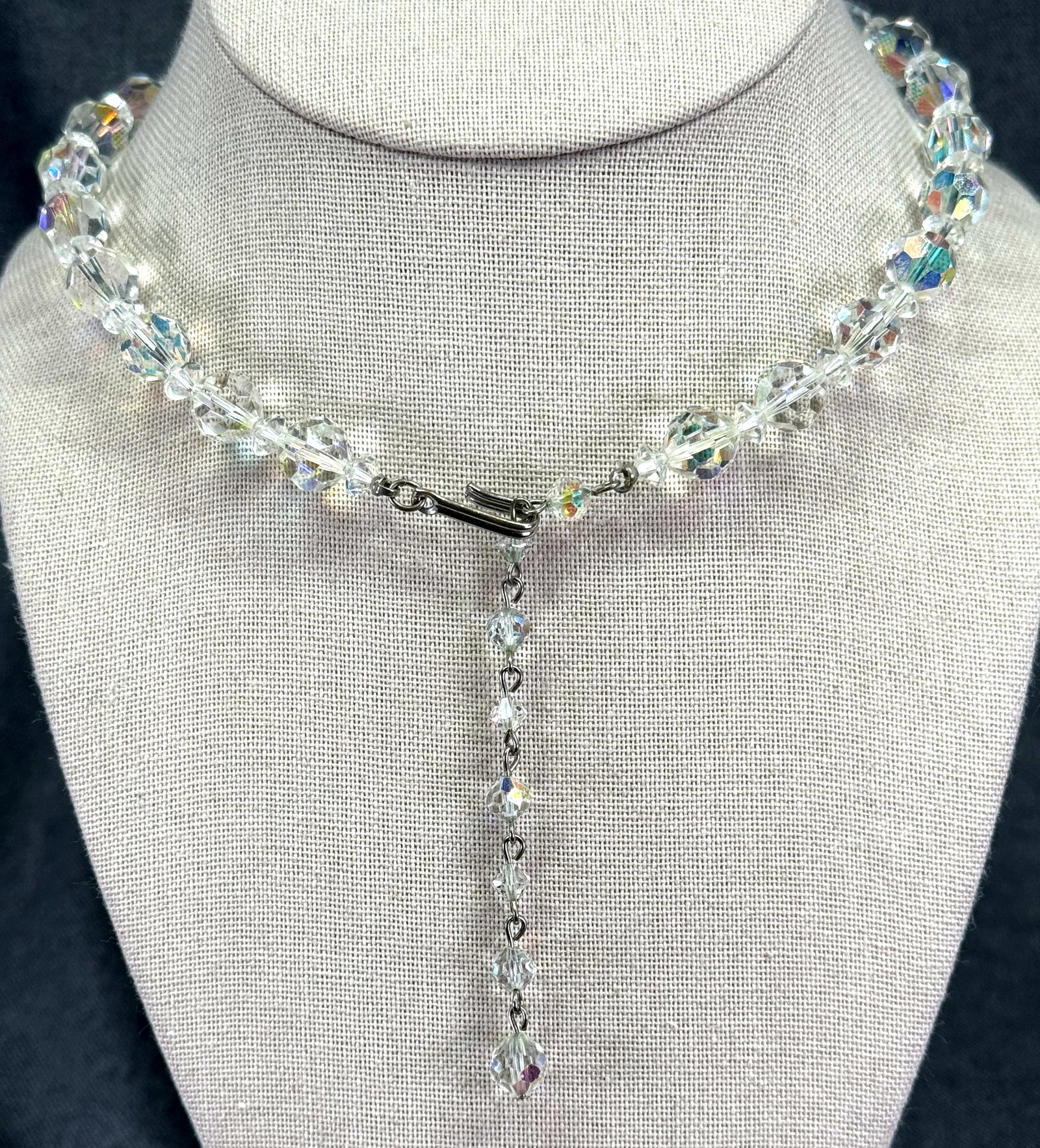 Vintage Mid Century Aurora Borealis Crystal Beads Choker Necklace. *J: Vintage Mid Century Aurora Borealis Crystal Choker Necklace. Unmarked. For measures please refer to the pictures taken with a measuring tape. Weight: 40 Grams. IN HOUSE FLAT SHIPPING & HANDLING COST W