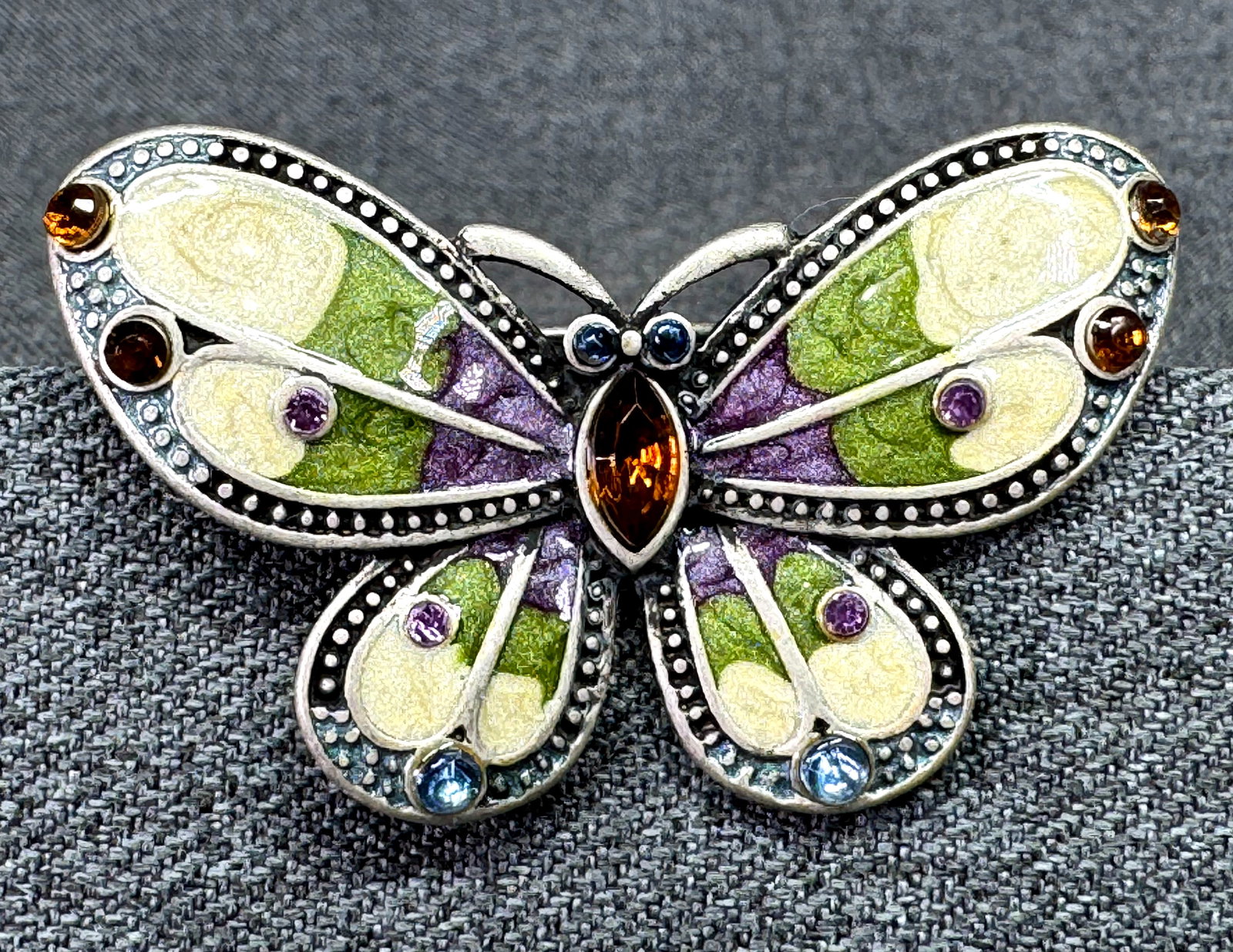 Vintage Crystals Enamel Silver-tone Butterfly Brooch Pin. *J: Vintage Crystals Enamel Silver-tone Butterfly Brooch Pin. Unmarked. For measures please refer to the pictures taken with a measuring tape. Weight: 10 Grams. IN HOUSE FLAT SHIPPING & HANDLING COST WITH