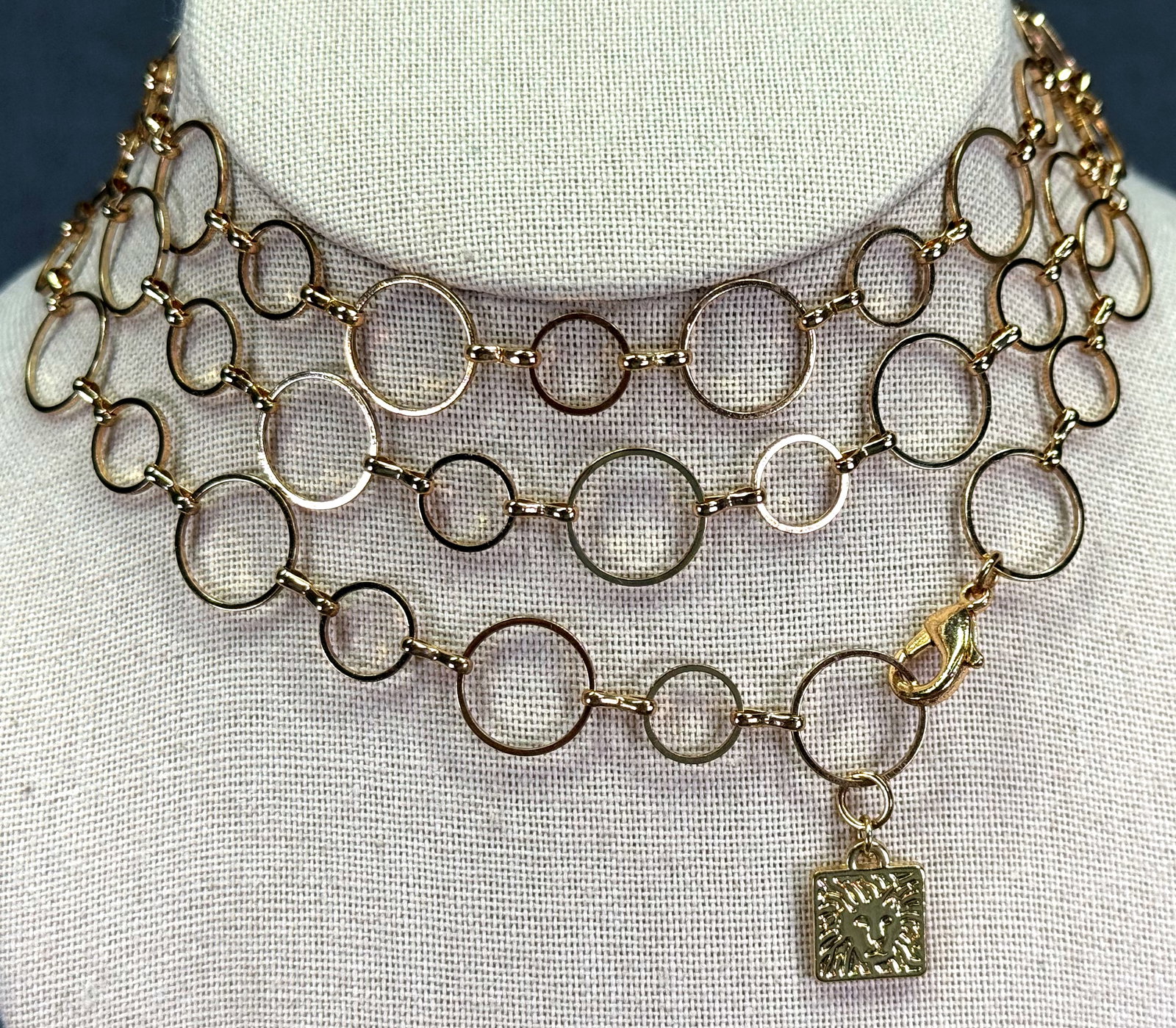 Vintage Anne Klein Gold-tone Open Circle Hoop Link Long Chain Lion Tag Necklace. *j: Vintage Anne Klein Gold-tone Open Circle Hoop Link Long Chain Lion Tag Necklace. Marked. For measures please refer to the pictures taken with a measuring tape. Weight: 21 Grams. IN HOUSE FLAT SHIPPING