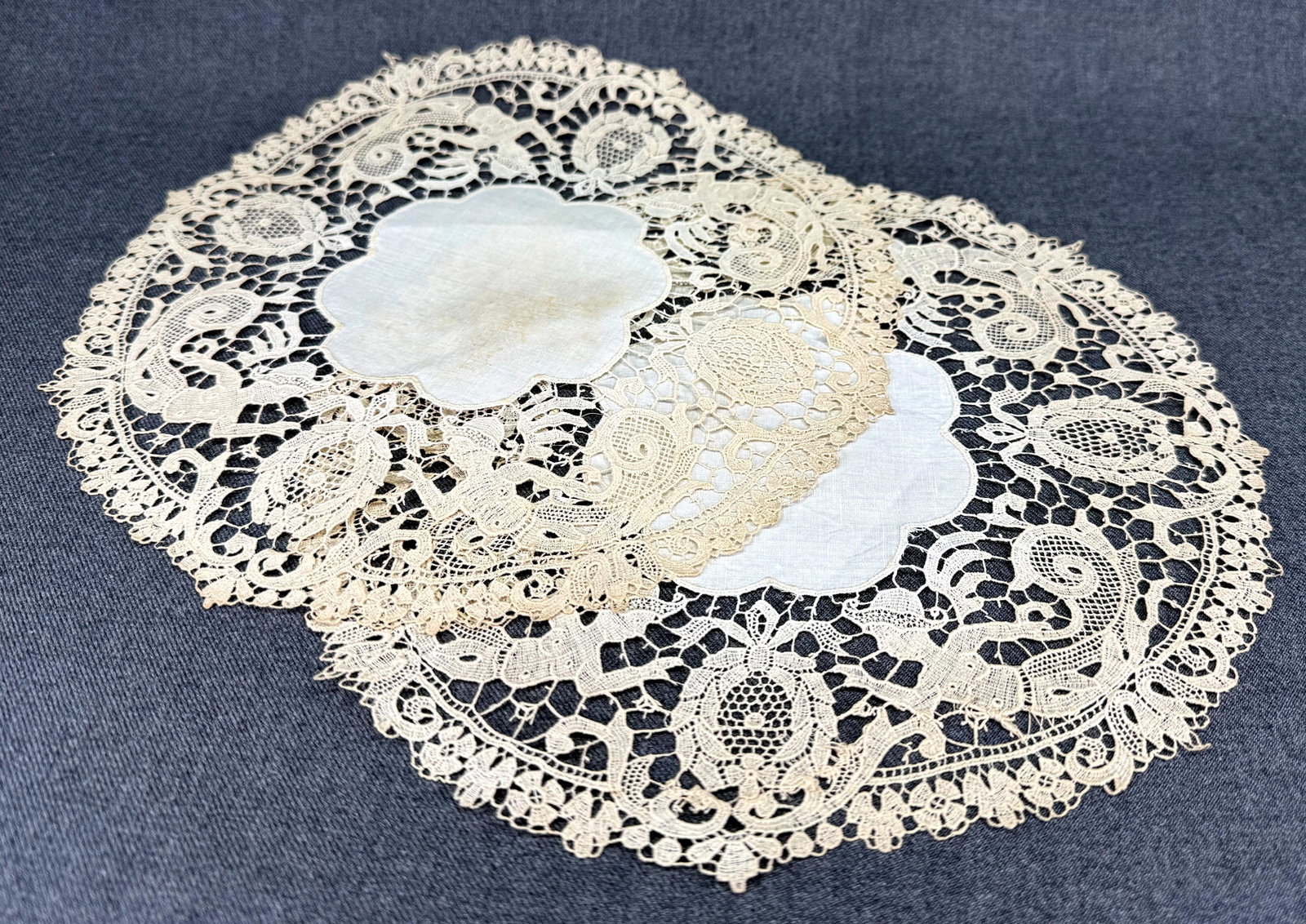 Antique Schiffli Figural Cameo Lace Table Doily. Linen Centerpiece. 9 1/2" Lot of 2. *j (1 of 6)