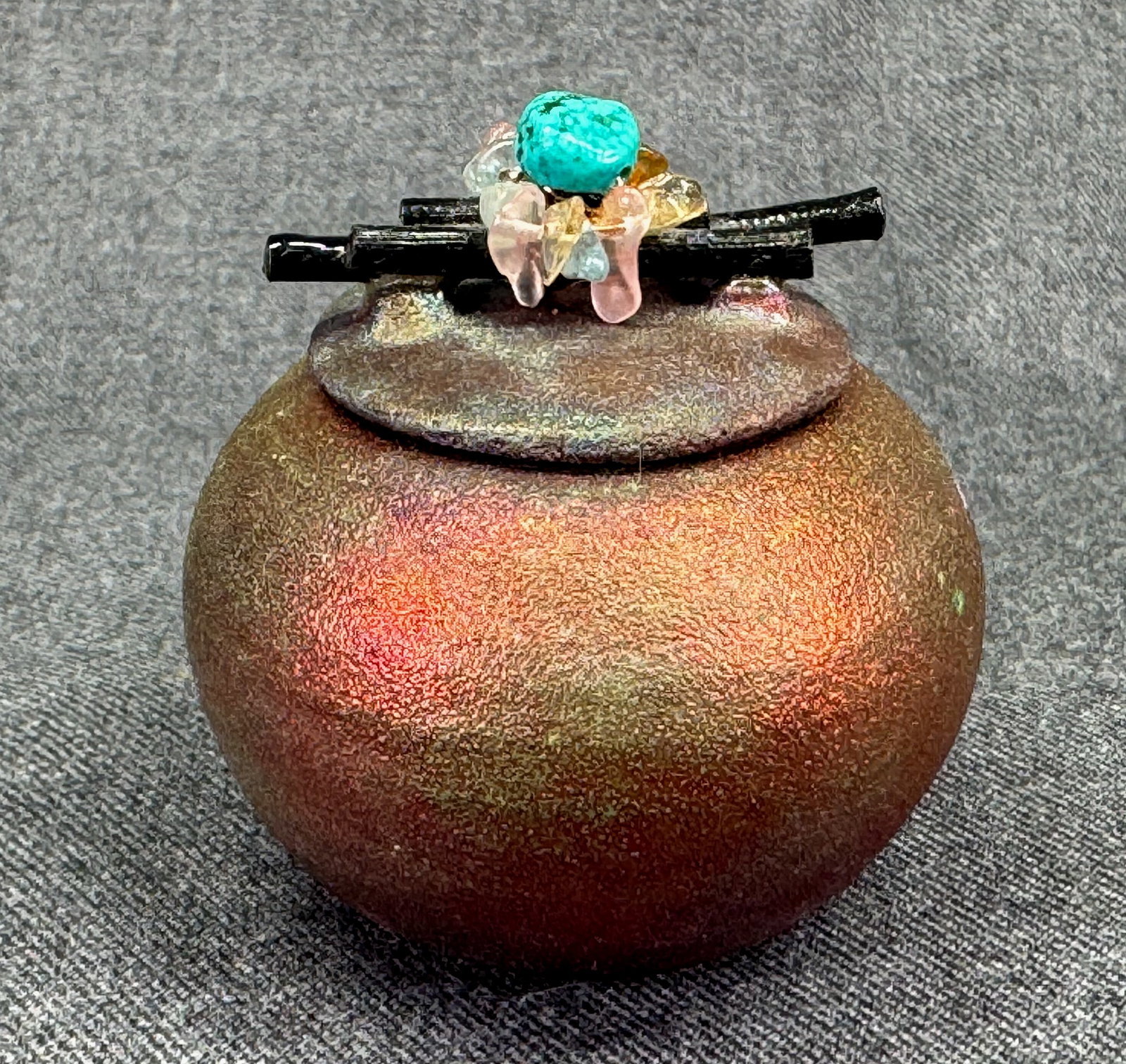 Jeremy Diller Southwest Mini Raku Studio Art Pottery Dreamcatcher Jar. Signed. *g: Jeremy Diller Southwest Mini Raku Studio Art Pottery Dreamcatcher Jar. Signed. Copper wired clustered ring of tumbled, semi-precious gemstone chips,black wooden twigs, encircles the central turquoise 