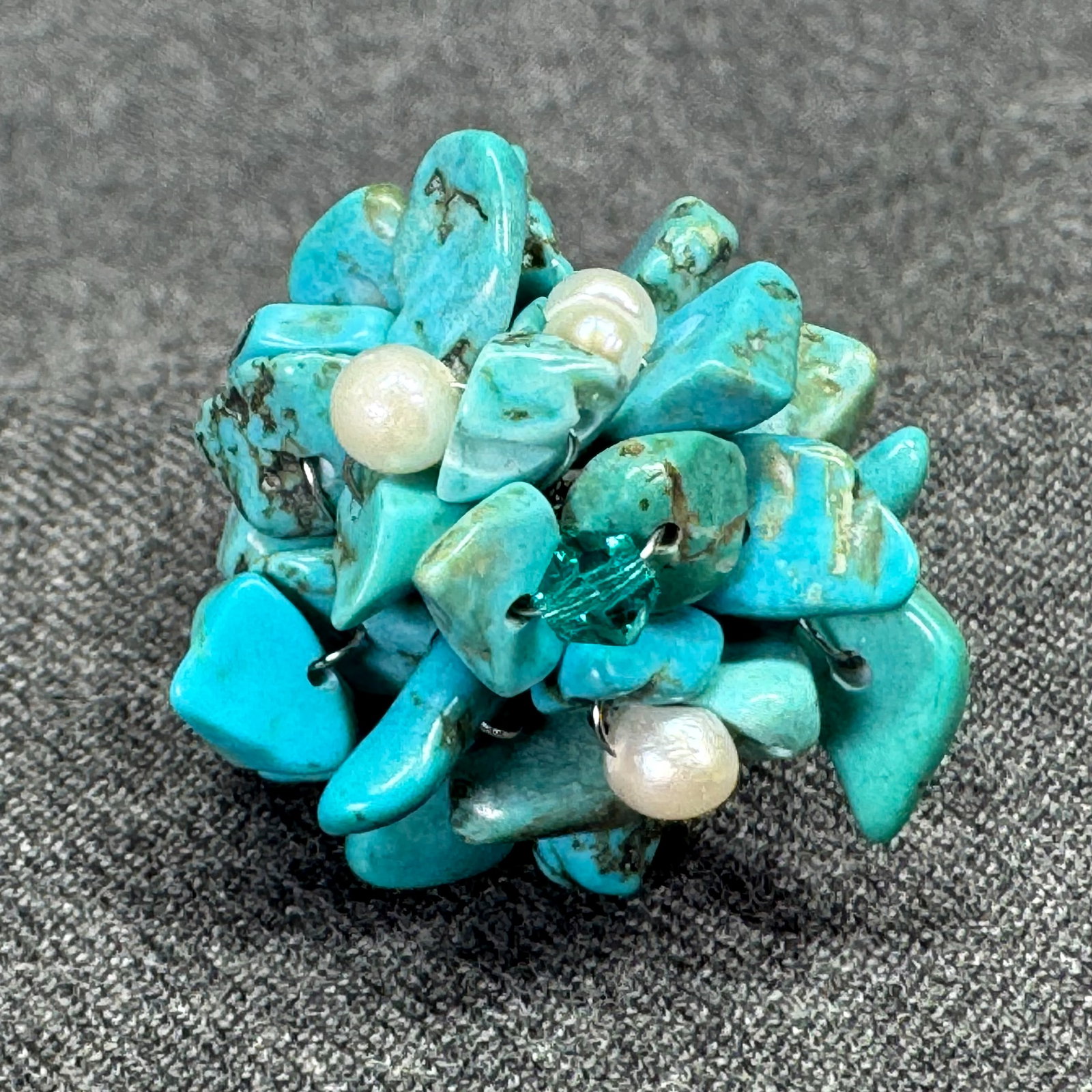 Vintage turquoise, pearl, crystal cluster adjustable ring. *e (1 of 6)