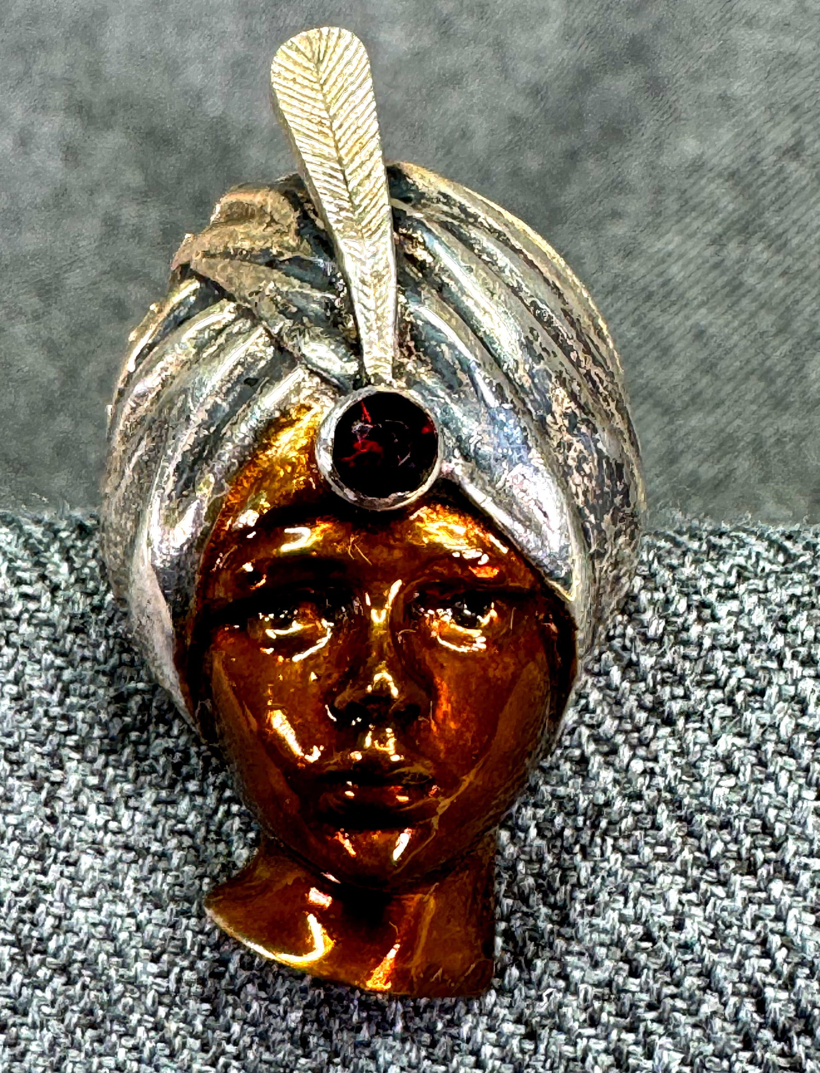 Vintage CRK London 1987 garnet enamel sterling silver man in turban blackamoor pin brooch u: IN HOUSE FLAT SHIPPING & HANDLING COST WITHIN ALL THE U.S. : $7 To bypass LiveShipping, and use our In-House shipping service for $7 or shipping combined for multiple lots, please select “Arrang