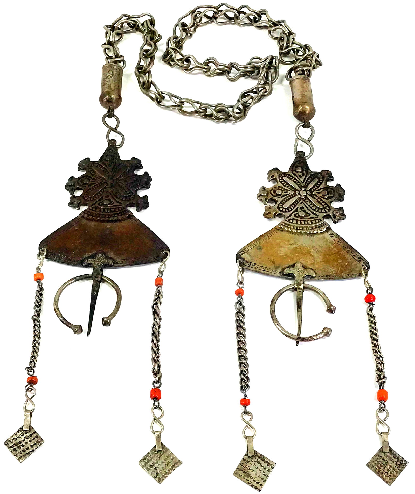 African Berber silvertone metal with coral beads Fibula Tizerais.: IN HOUSE FLAT SHIPPING & HANDLING COST WITHIN ALL THE U.S. : $10 To bypass LiveShipping, and use our In-House shipping service for $10 or shipping combined for multiple lots, please select “Arra