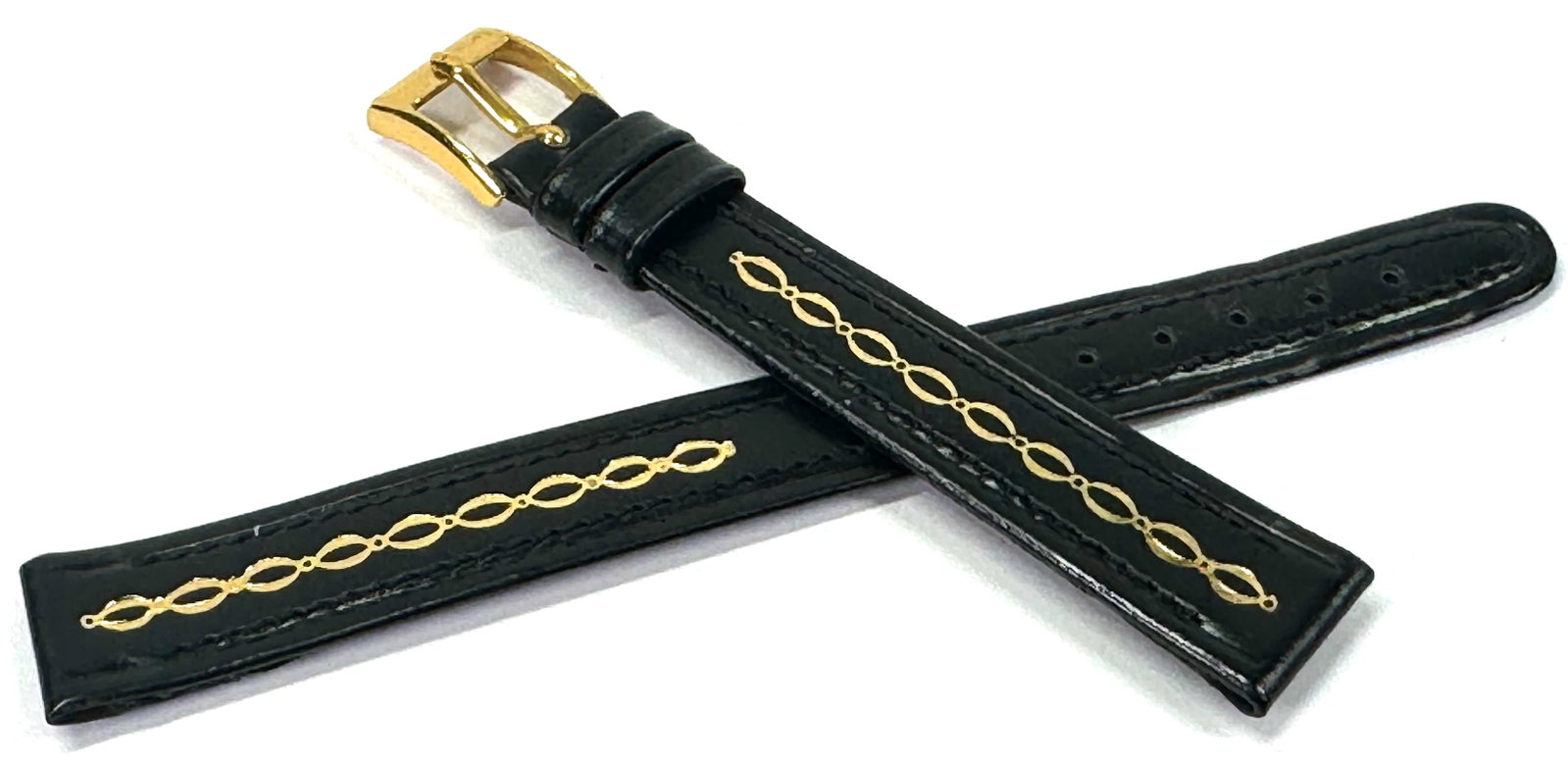 Vintage Spritzer + Fuhrmann Women"s watch strap band. Unused.: Vintage Spritzer + Fuhrmann Dore buckle decorated with a goldtone chain shape on black leather Women"s watch strap band. Unused. Unmarked on leather for Spritzer + Fuhrmann, however it comes from the 