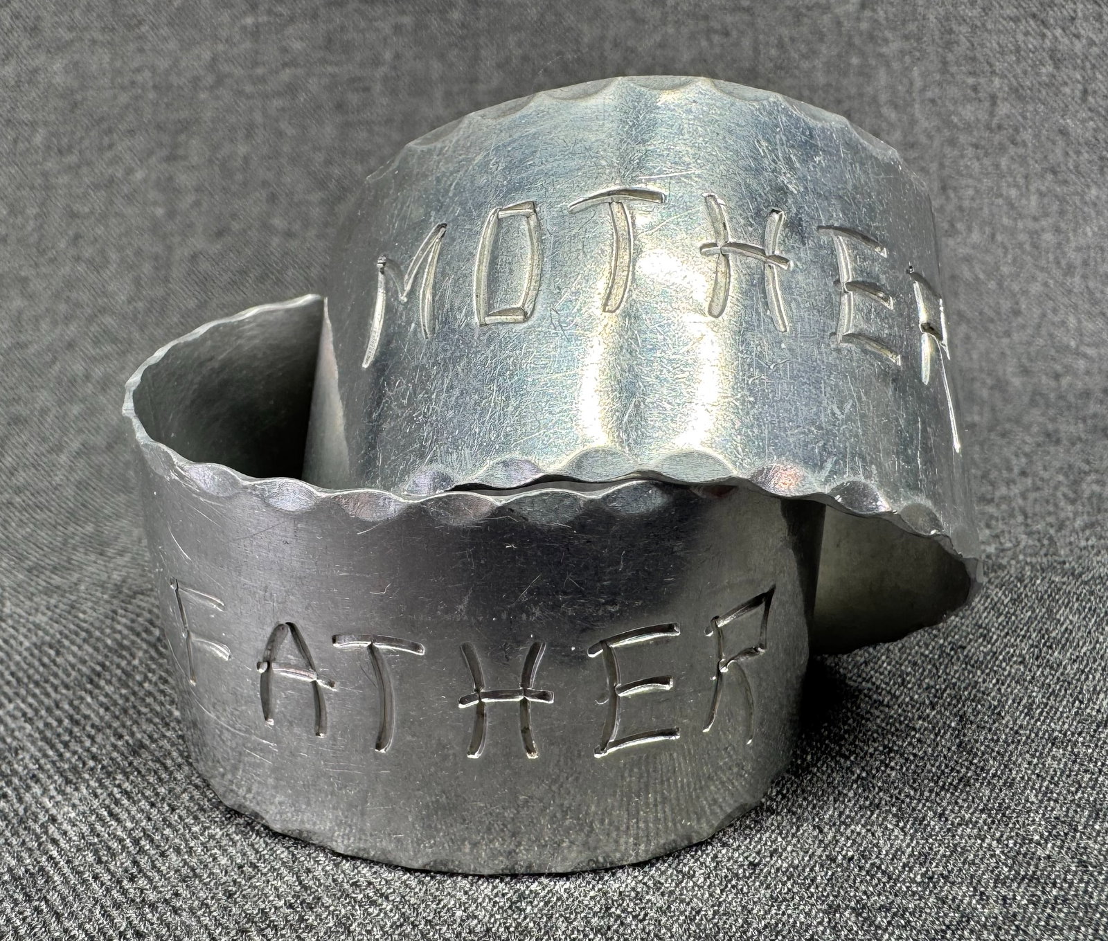 Vintage engraved mother & father aluminium small cuffs or napking rings: IN HOUSE FLAT SHIPPING & HANDLING COST WITHIN ALL THE U.S. : $7 To bypass LiveShipping, and use our In-House shipping service for $7 or shipping combined for multiple lots, please select “Arrang
