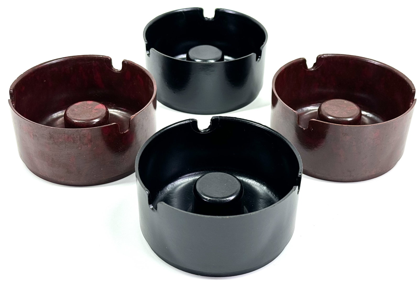 Vintage MCM 2 brown and 2 black bakelite like stacking ashtrays . Unused.: IN HOUSE FLAT SHIPPING & HANDLING COST WITHIN ALL THE U.S. : $10 To bypass LiveShipping, and use our In-House shipping service for $10 or shipping combined for multiple lots, please select “Arra