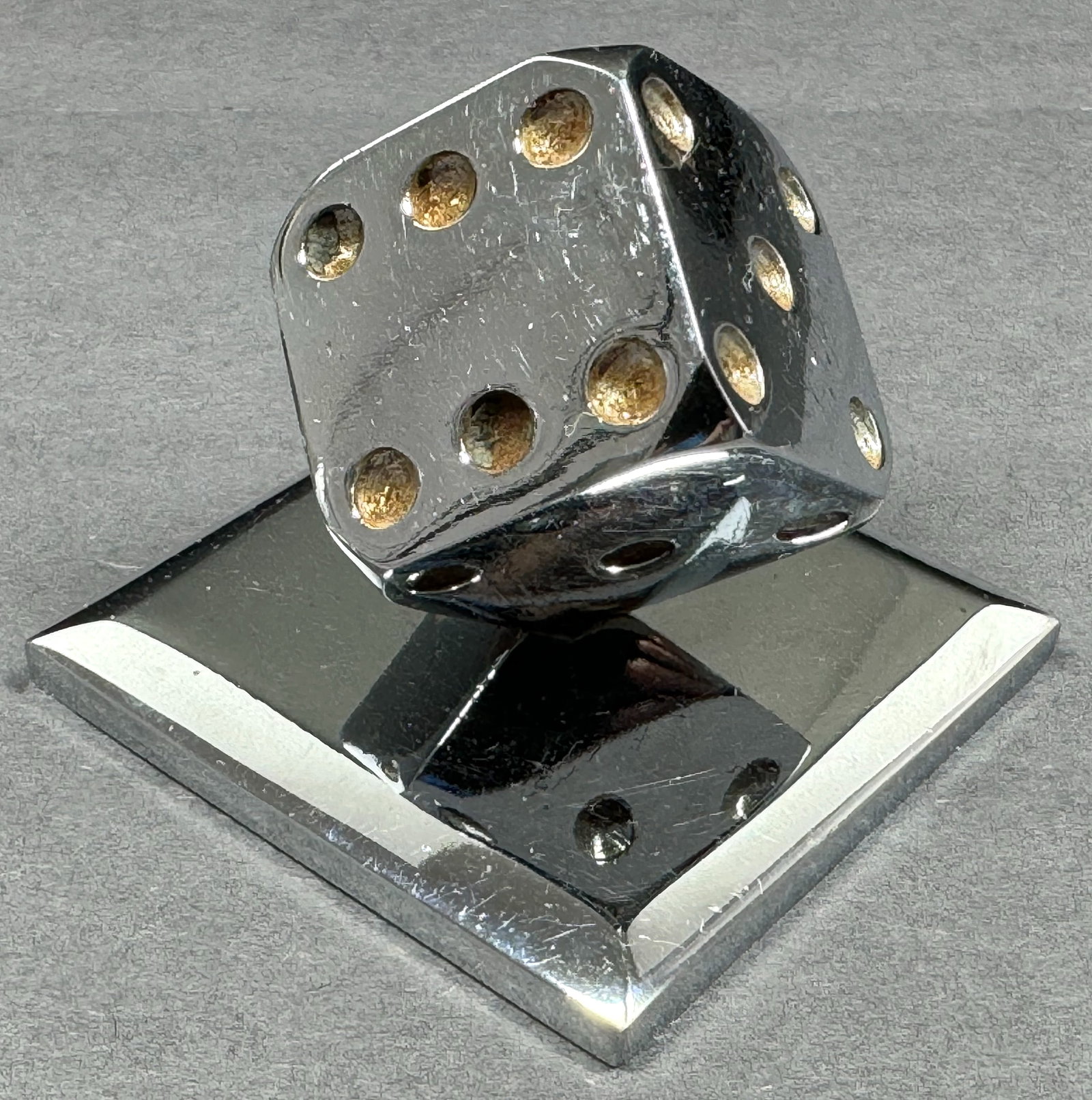 Vintage MCM Modernist Edgar Brandt Style Dice Paperweight. Chromed metal.: IN HOUSE FLAT SHIPPING & HANDLING COST WITHIN ALL THE U.S. : $12 To bypass LiveShipping, and use our In-House shipping service for $12 or shipping combined for multiple lots, please select “Arra
