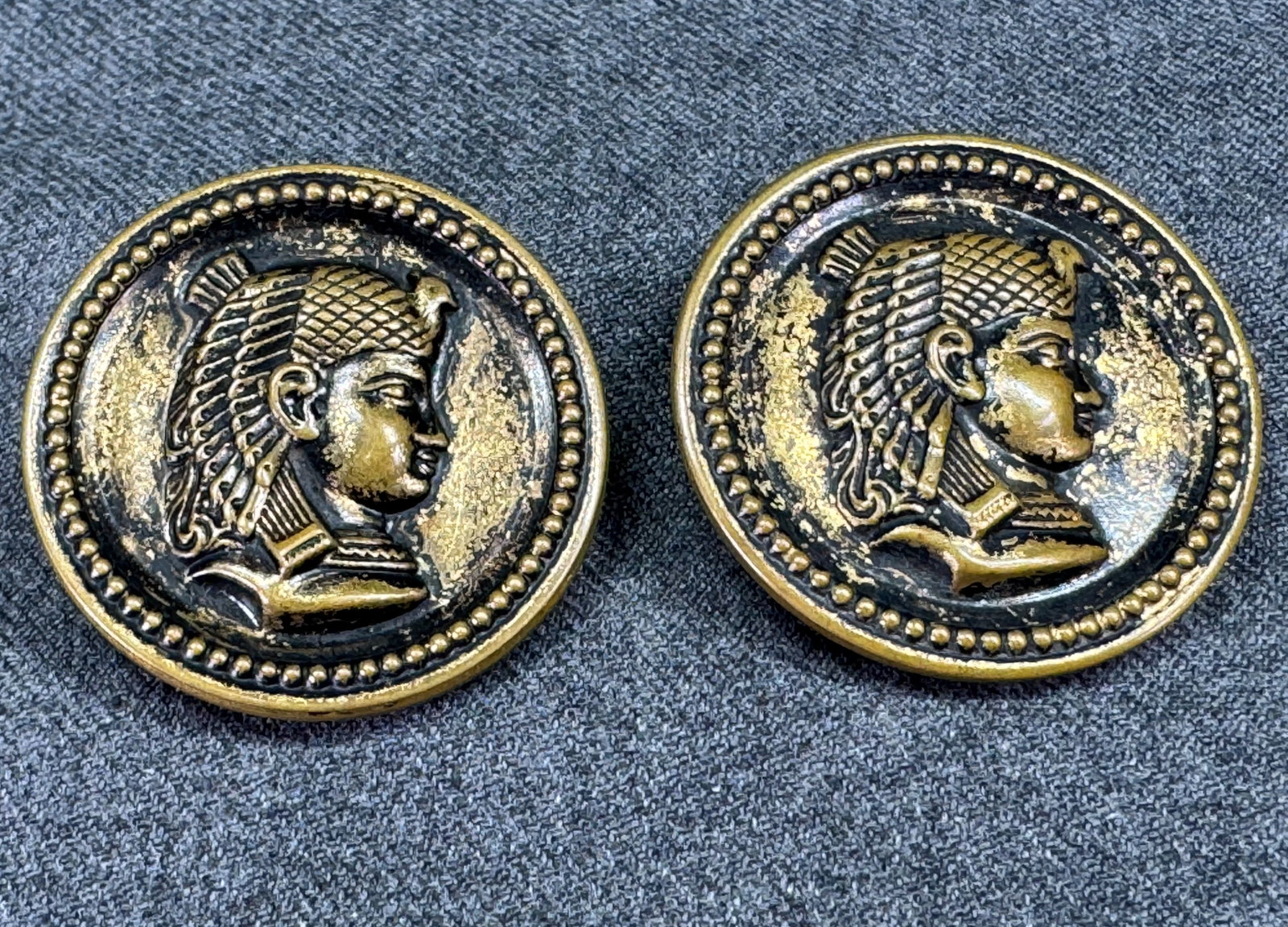 Vintage egyptian revival black accents goldtone metal tin back buttons. Lot of 2: IN HOUSE FLAT SHIPPING & HANDLING COST WITHIN ALL THE U.S. : $7 To bypass LiveShipping, and use our In-House shipping service for $7 or shipping combined for multiple lots, please select “Arrang