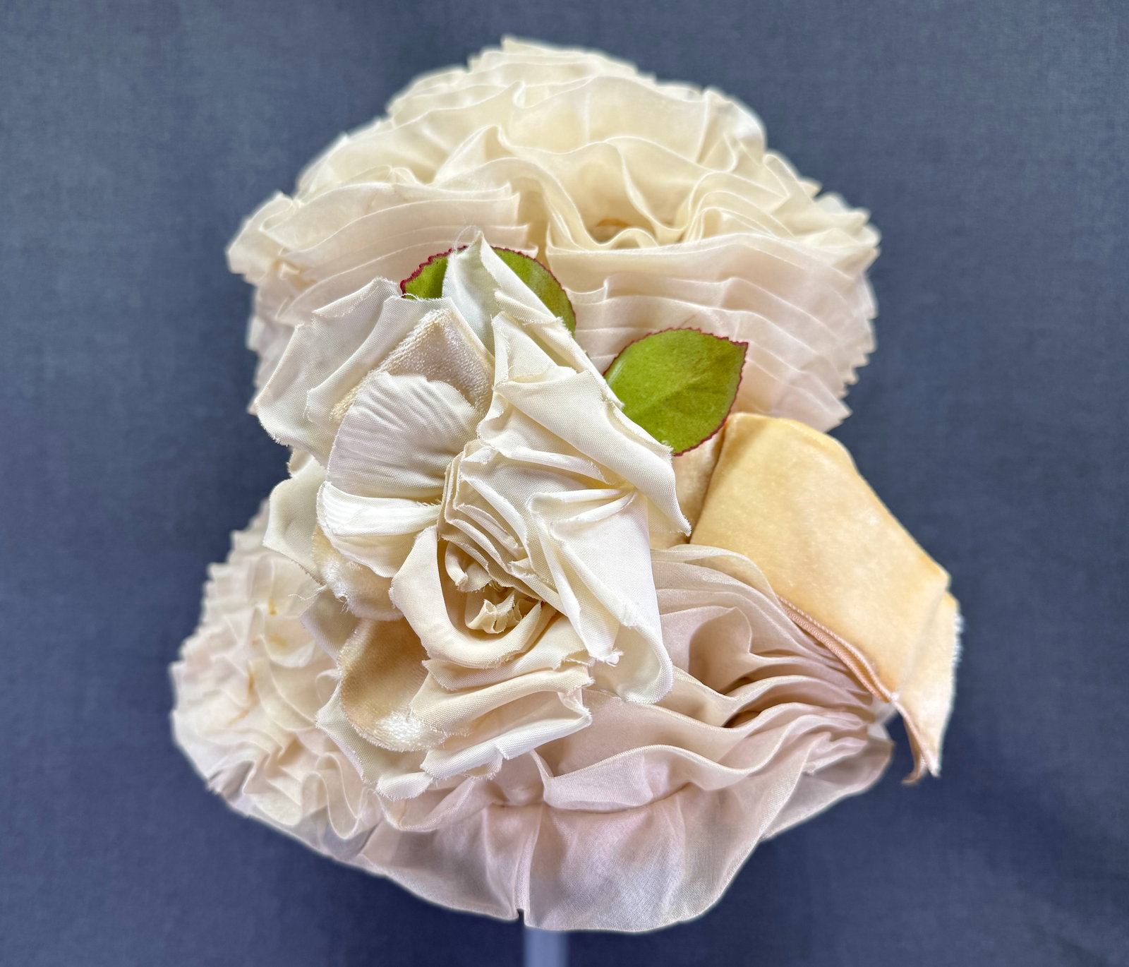 Vintage 60s Mr John Jr Cream Organdy Ruffle Beehive Bubble Hat. Flower, Velvet Bow *J (1 of 8)