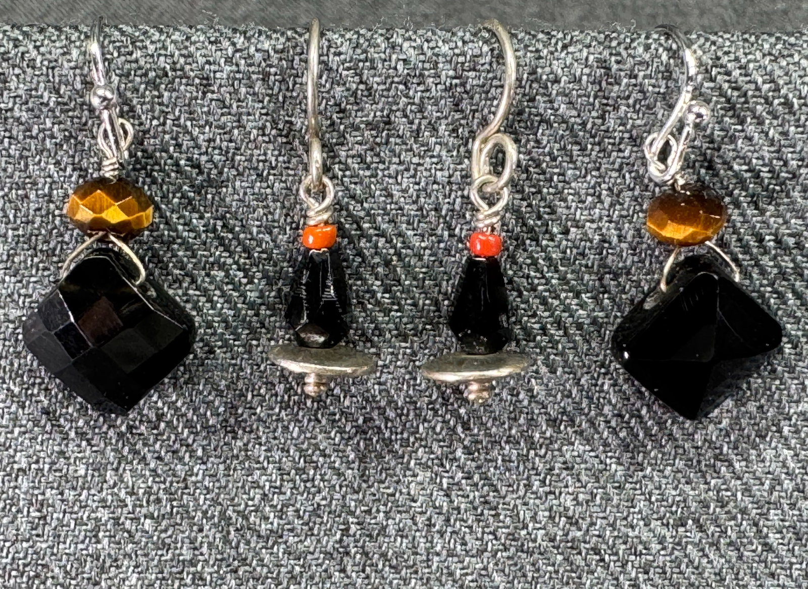 Vintage artisan coral & black glass and tiger eye & black glass hook earrings: IN HOUSE FLAT SHIPPING & HANDLING COST WITHIN ALL THE U.S. : 7 To bypass LiveShipping, and use our In-House shipping service for 7 or shipping combined for multiple lots, please select “Arrange 