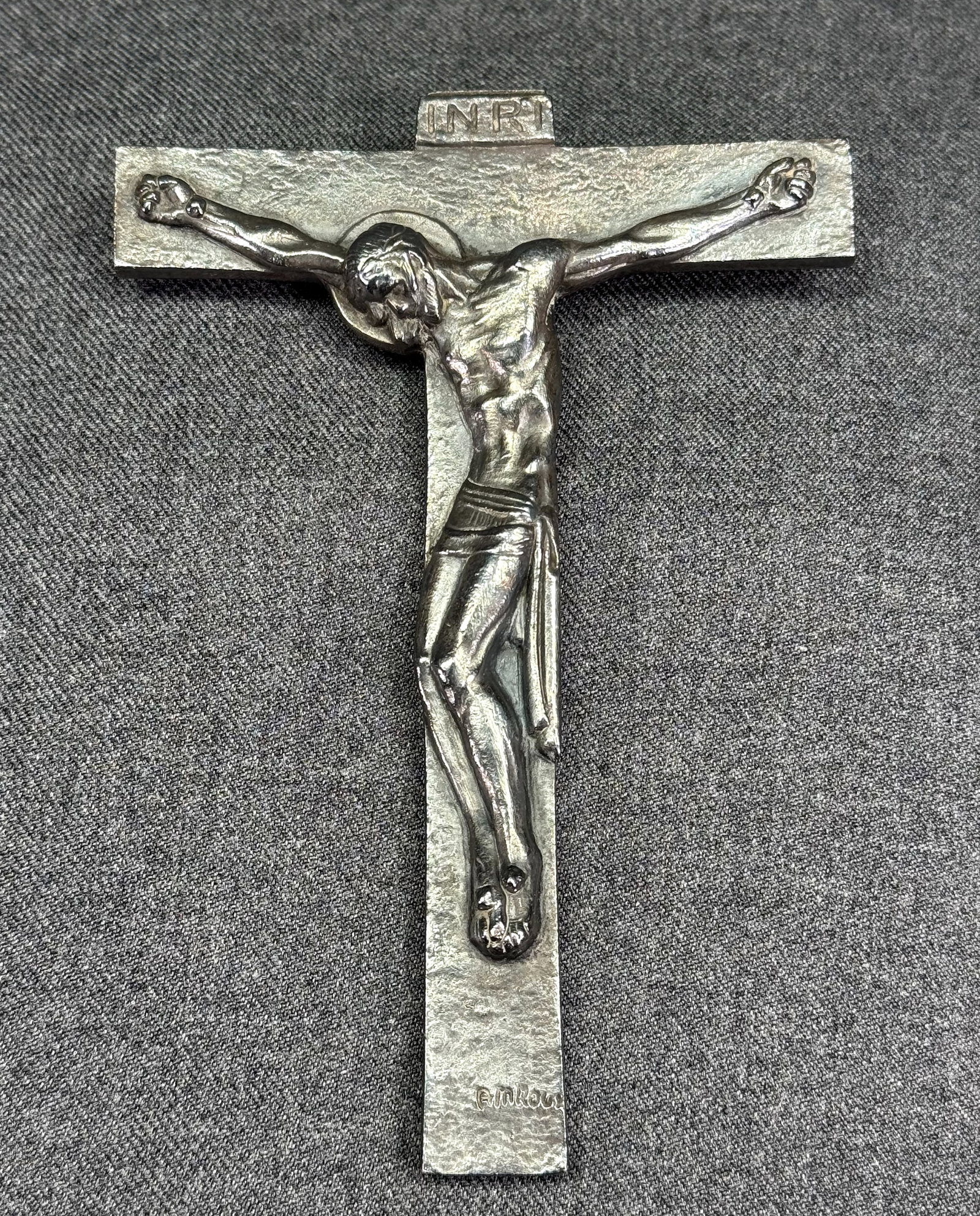 Vintage French Anne-Marie Roux Art Bronze Wall Crucifix. Silver-plated. *f: Vintage French Anne-Marie Roux Art Bronze Wall Crucifix. Silver-plated. Signed. For measures please refer to the pictures taken with a measuring tape. Weight: 145 Grams. IN HOUSE FLAT SHIPPING & HANDL
